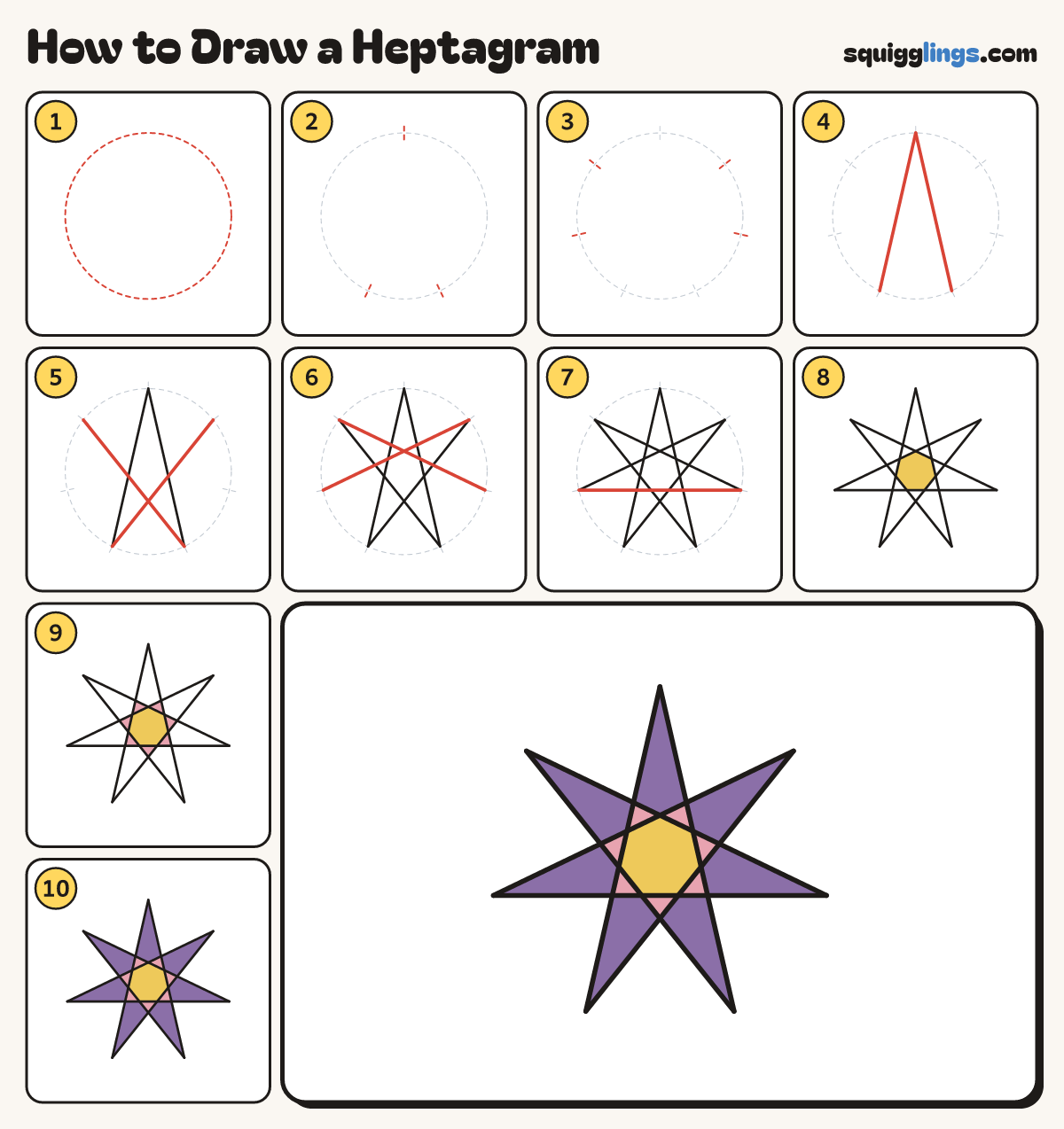 How to Draw a Heptagram step by step: all 10 steps in one picture