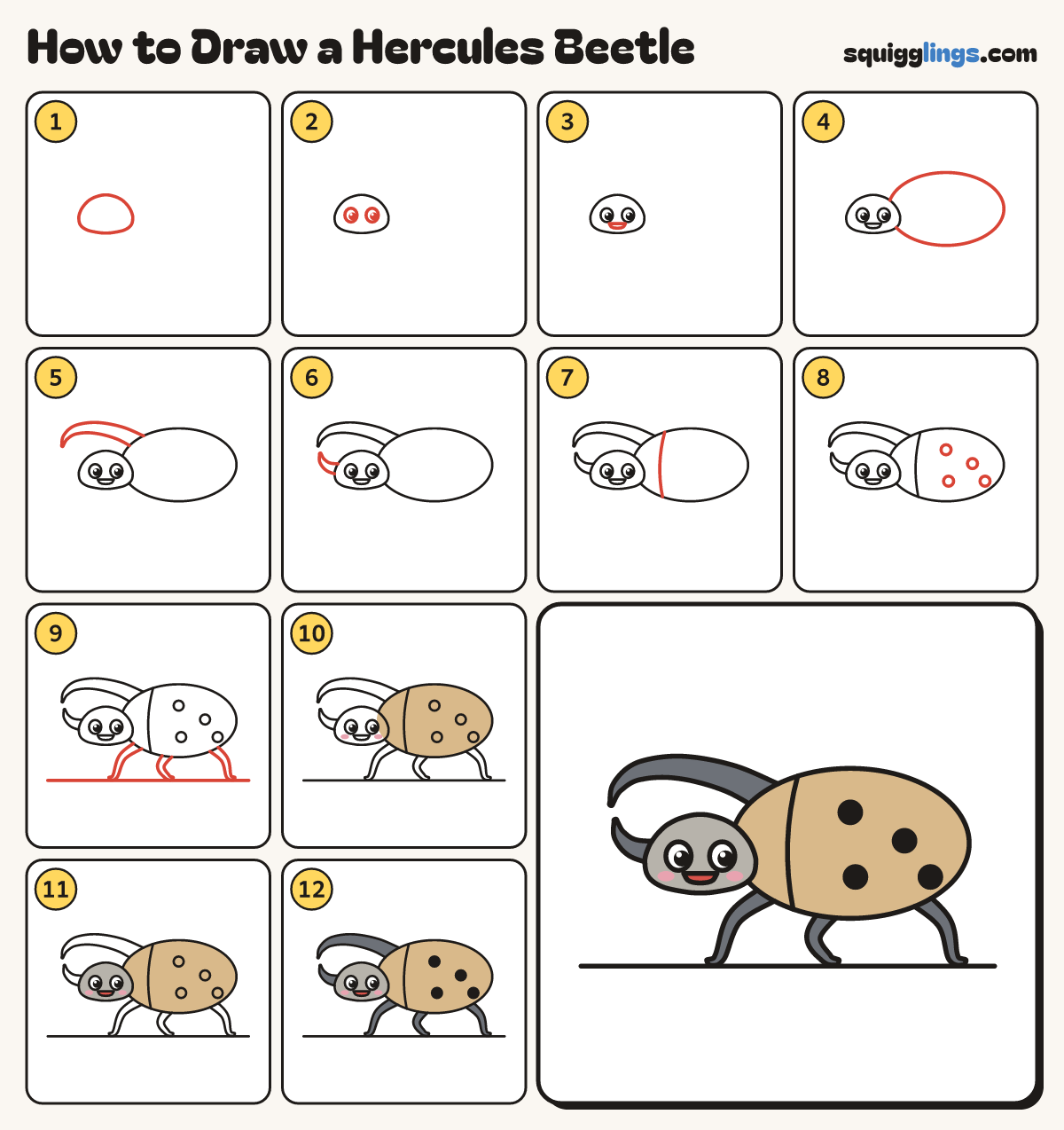 How to Draw a Hercules Beetle step by step: all 12 steps in one picture