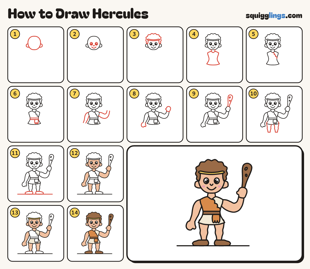 How to Draw Hercules step by step: all 14 steps in one picture