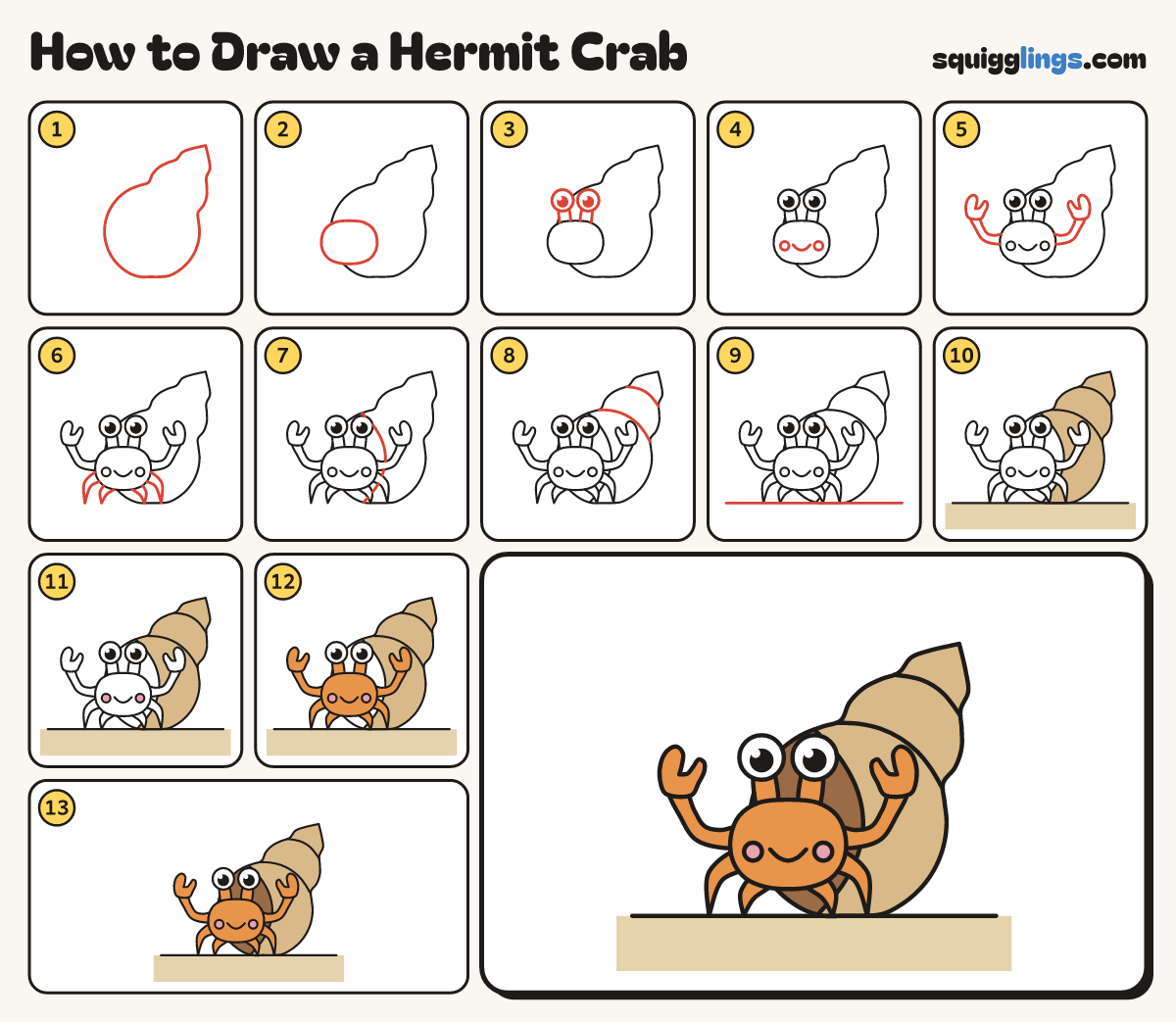 How to Draw a Hermit Crab step by step: all 13 steps in one picture