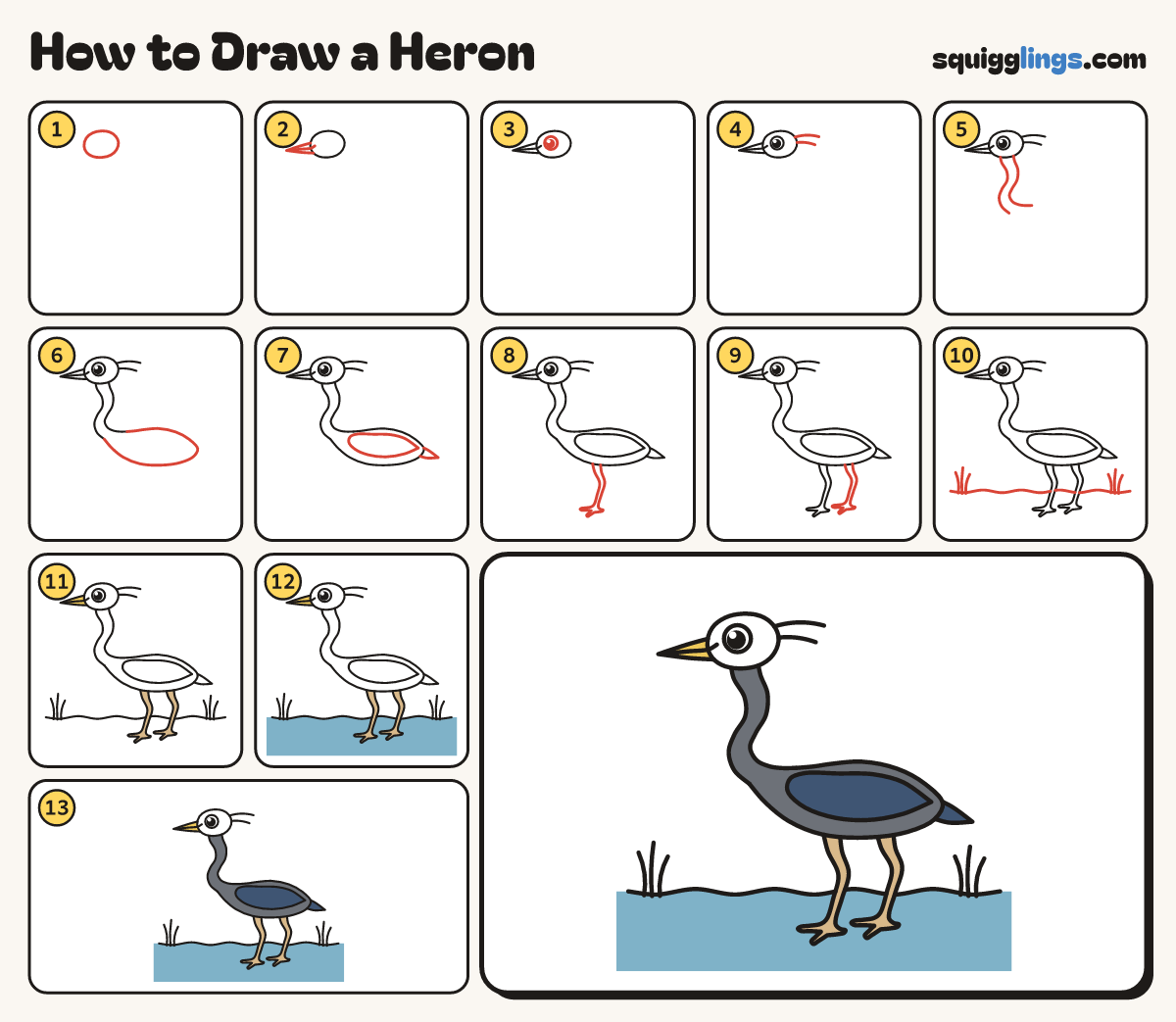 How to Draw a Heron step by step: all 13 steps in one picture