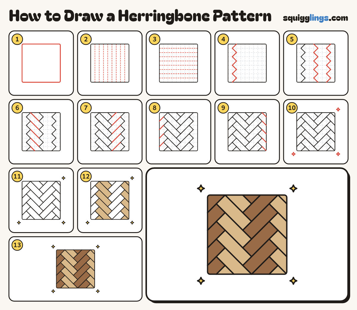 How to Draw a Herringbone Pattern step by step: all 13 steps in one picture