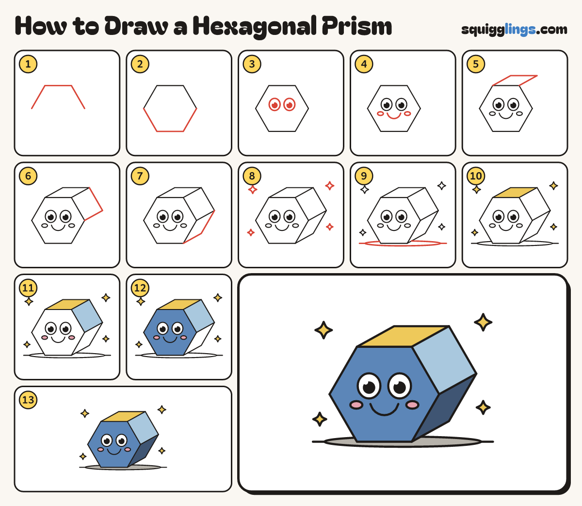 How to Draw a Hexagonal Prism step by step: all 13 steps in one picture