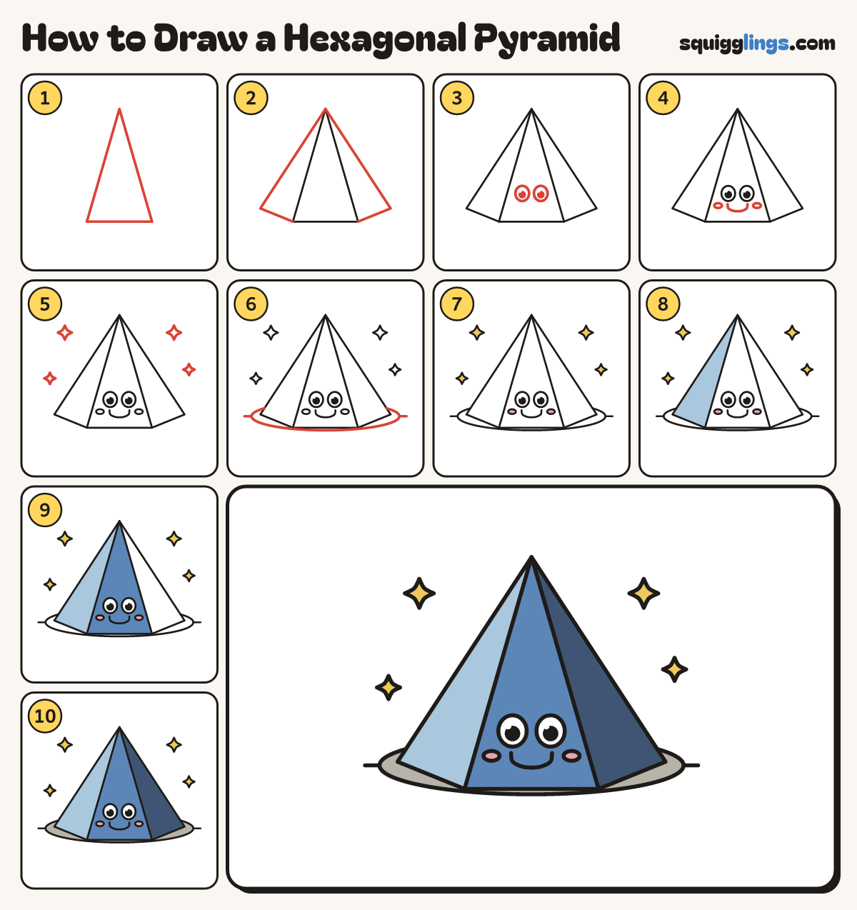 How to Draw a Hexagonal Pyramid step by step: all 10 steps in one picture