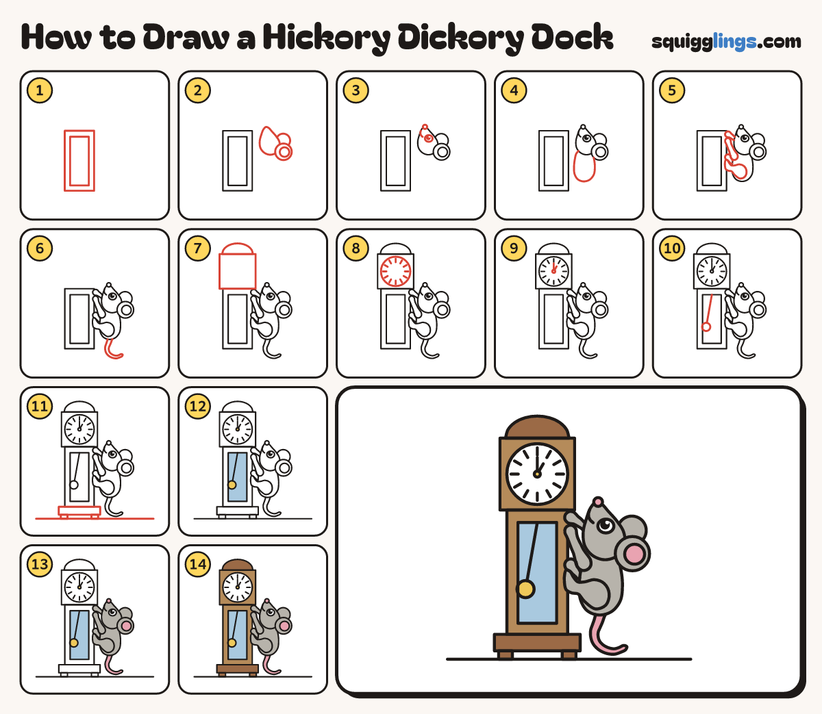 How to Draw a Hickory Dickory Dock step by step: all 14 steps in one picture