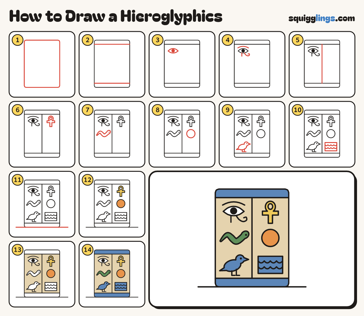 How to Draw a Hieroglyphics step by step: all 14 steps in one picture