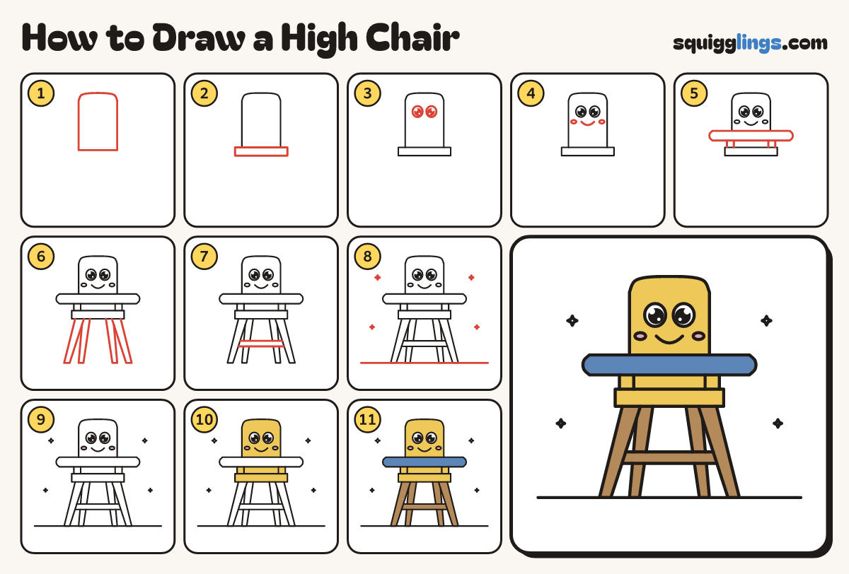 How to Draw a High Chair step by step: all 11 steps in one picture
