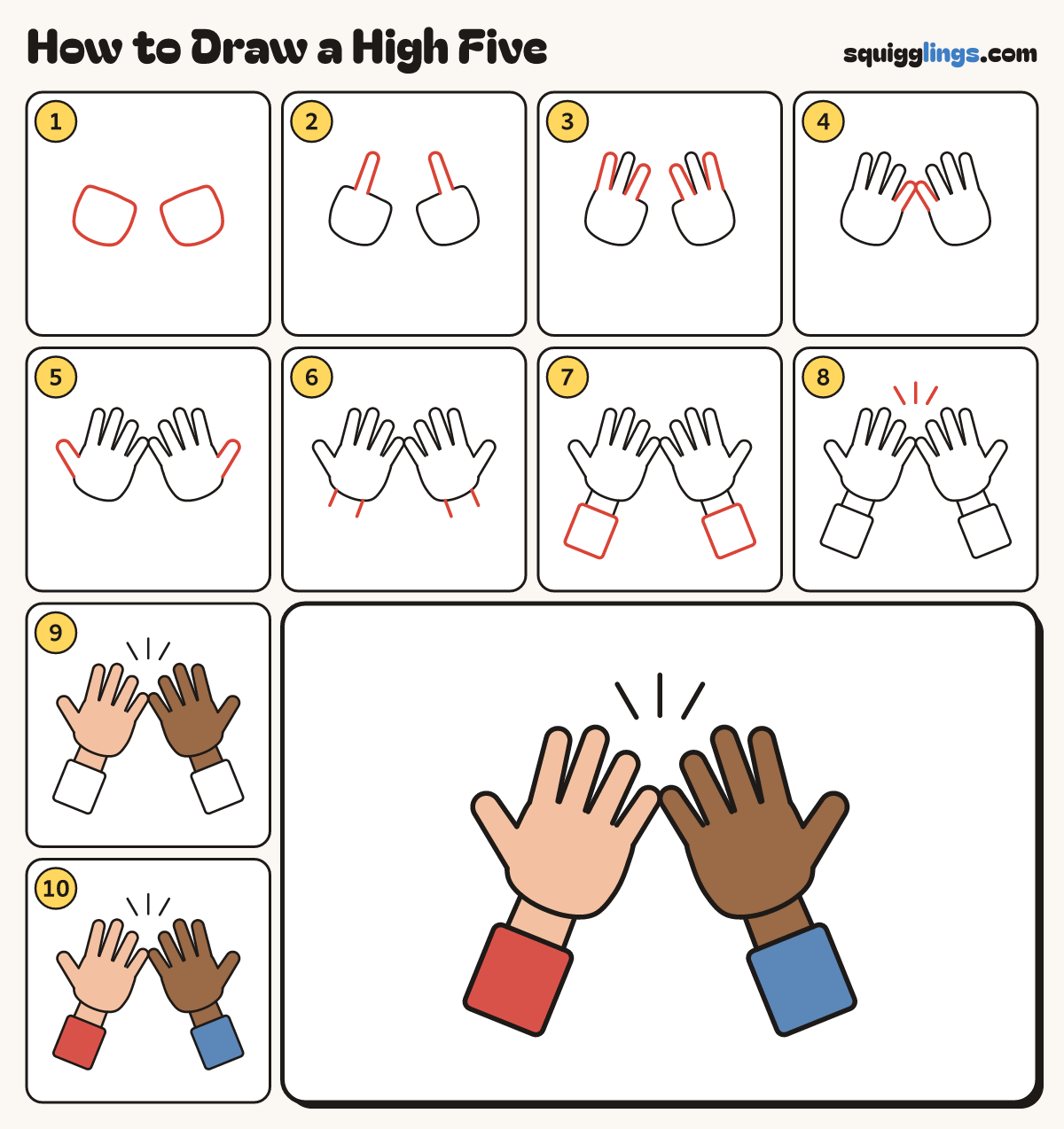 How to Draw a High Five step by step: all 10 steps in one picture