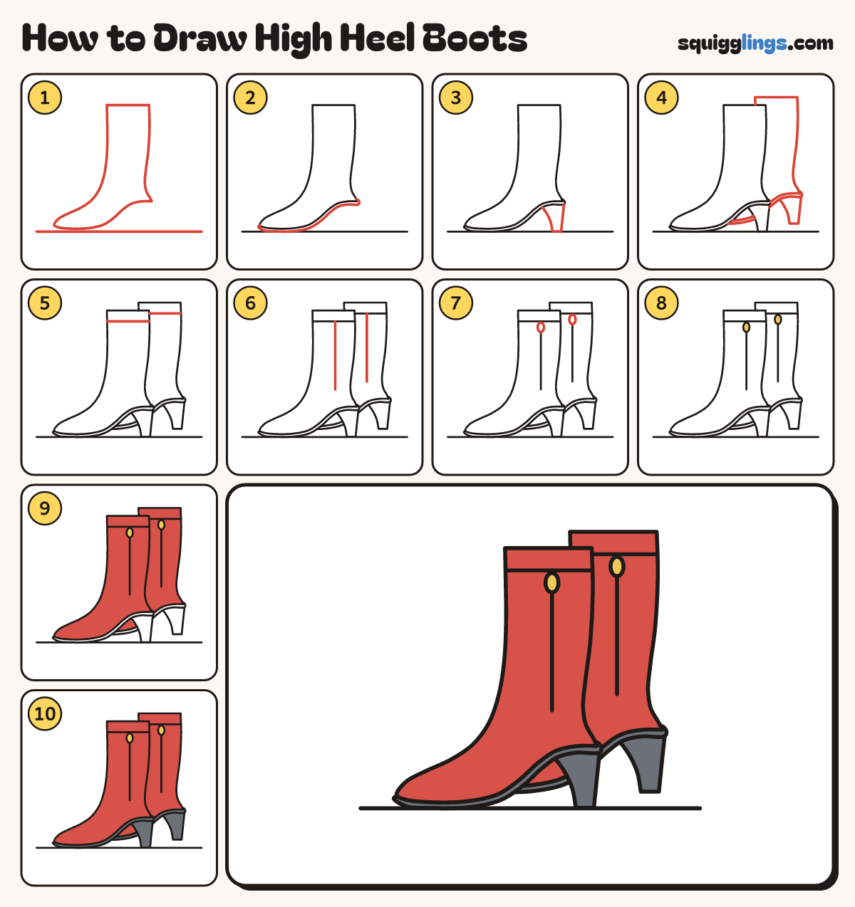 How to Draw High Heel Boots step by step: all 10 steps in one picture