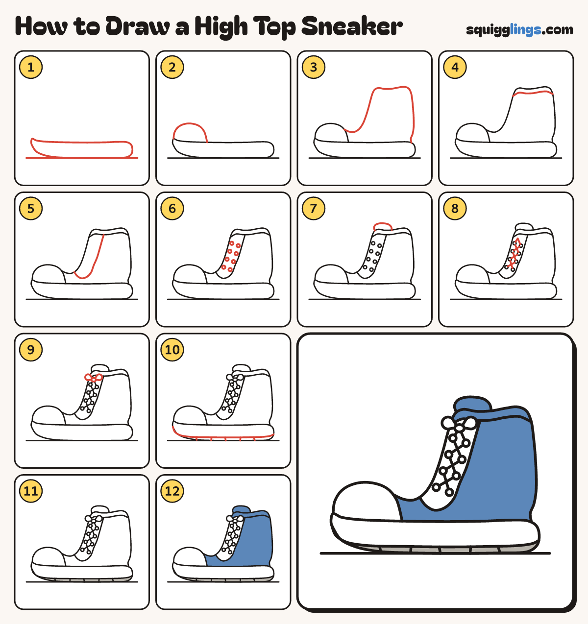 How to Draw a High Top Sneaker step by step: all 12 steps in one picture