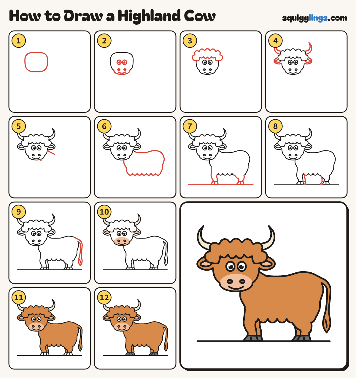 How to Draw a Highland Cow step by step: all 12 steps in one picture