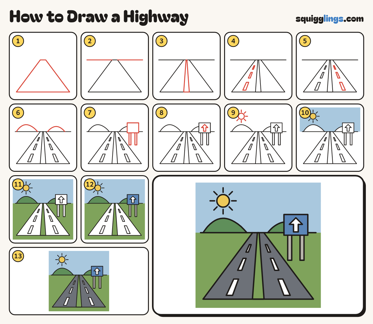 How to Draw a Highway step by step: all 13 steps in one picture