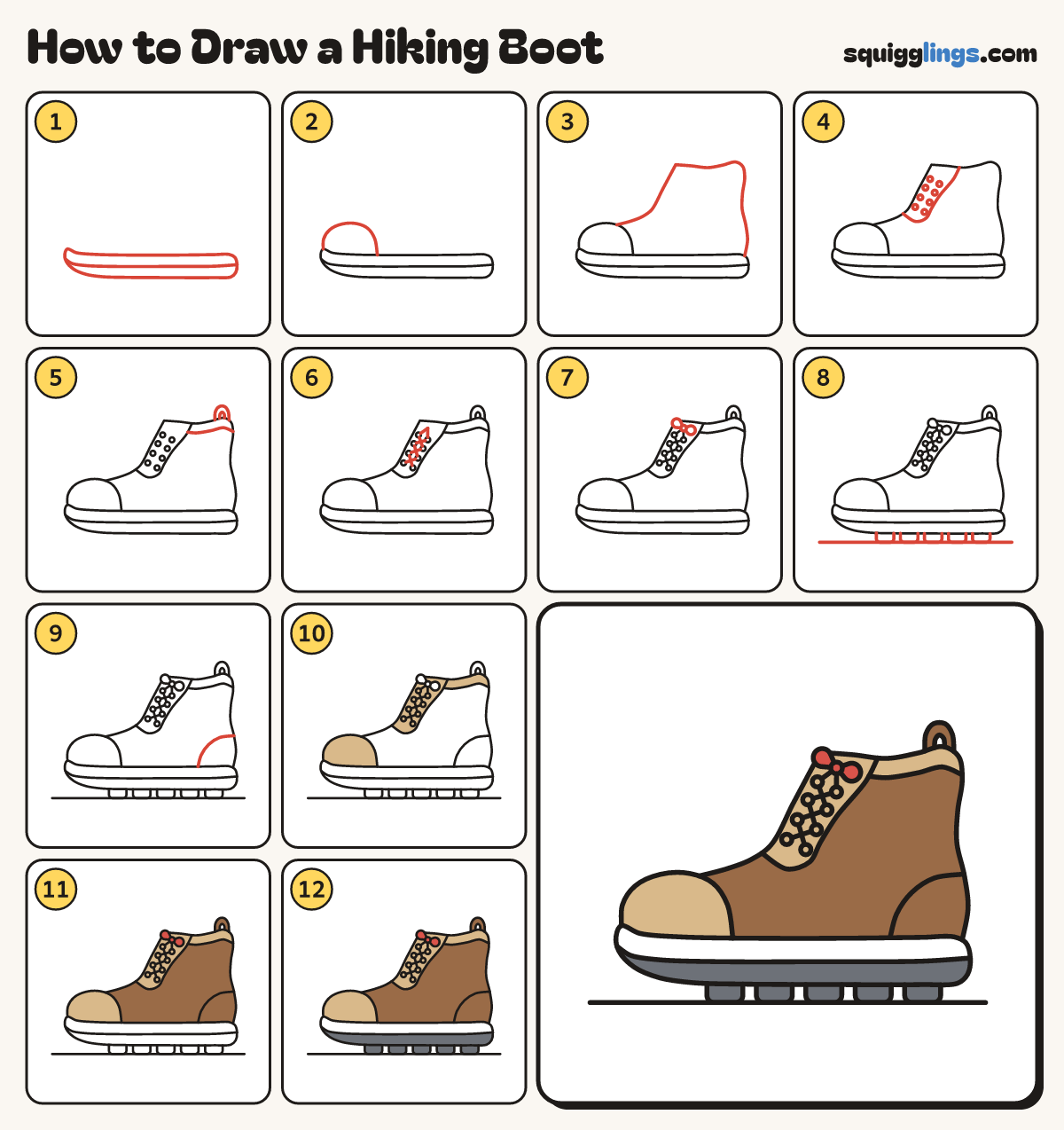 How to Draw a Hiking Boot step by step: all 12 steps in one picture