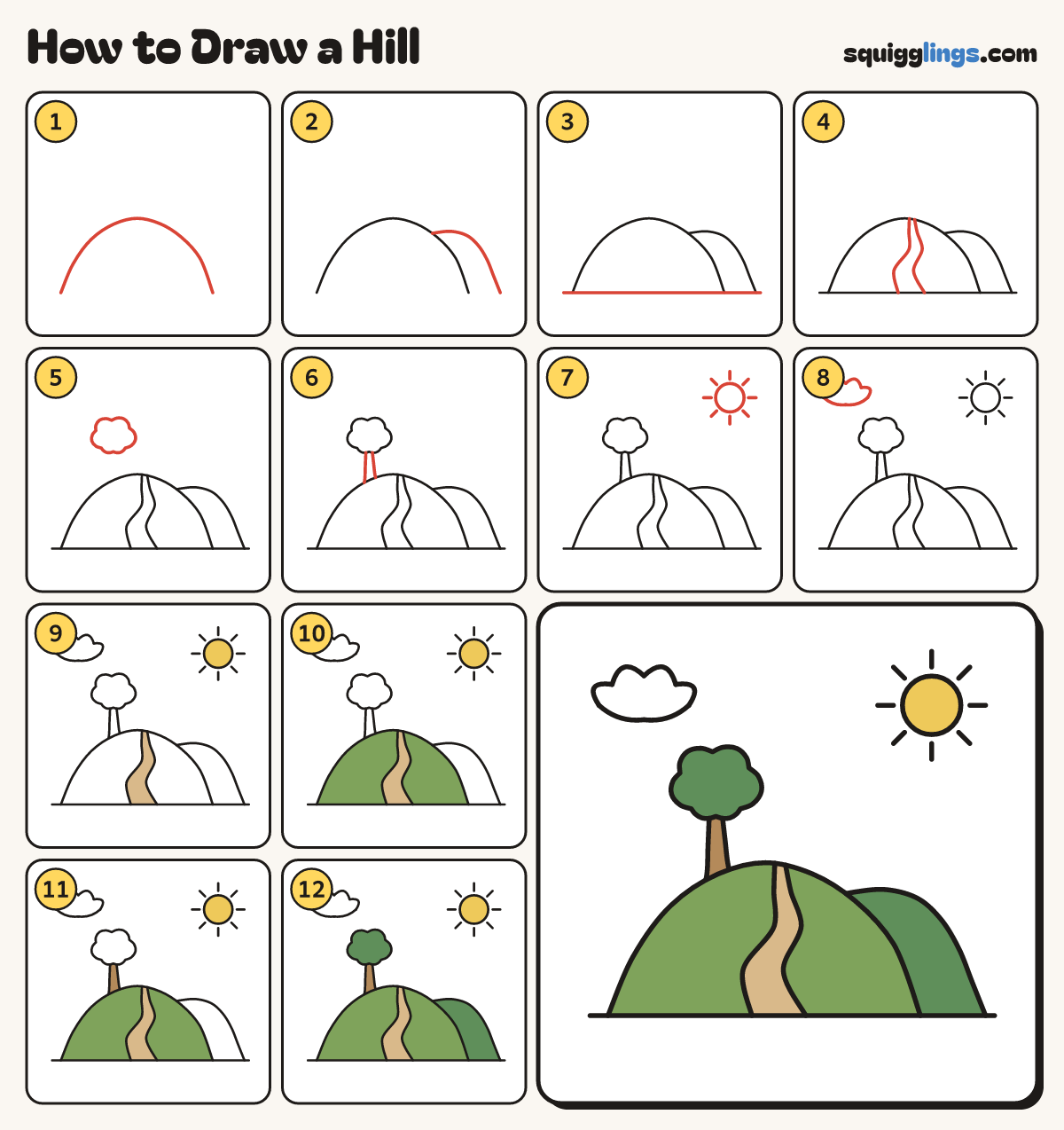 How to Draw a Hill step by step: all 12 steps in one picture