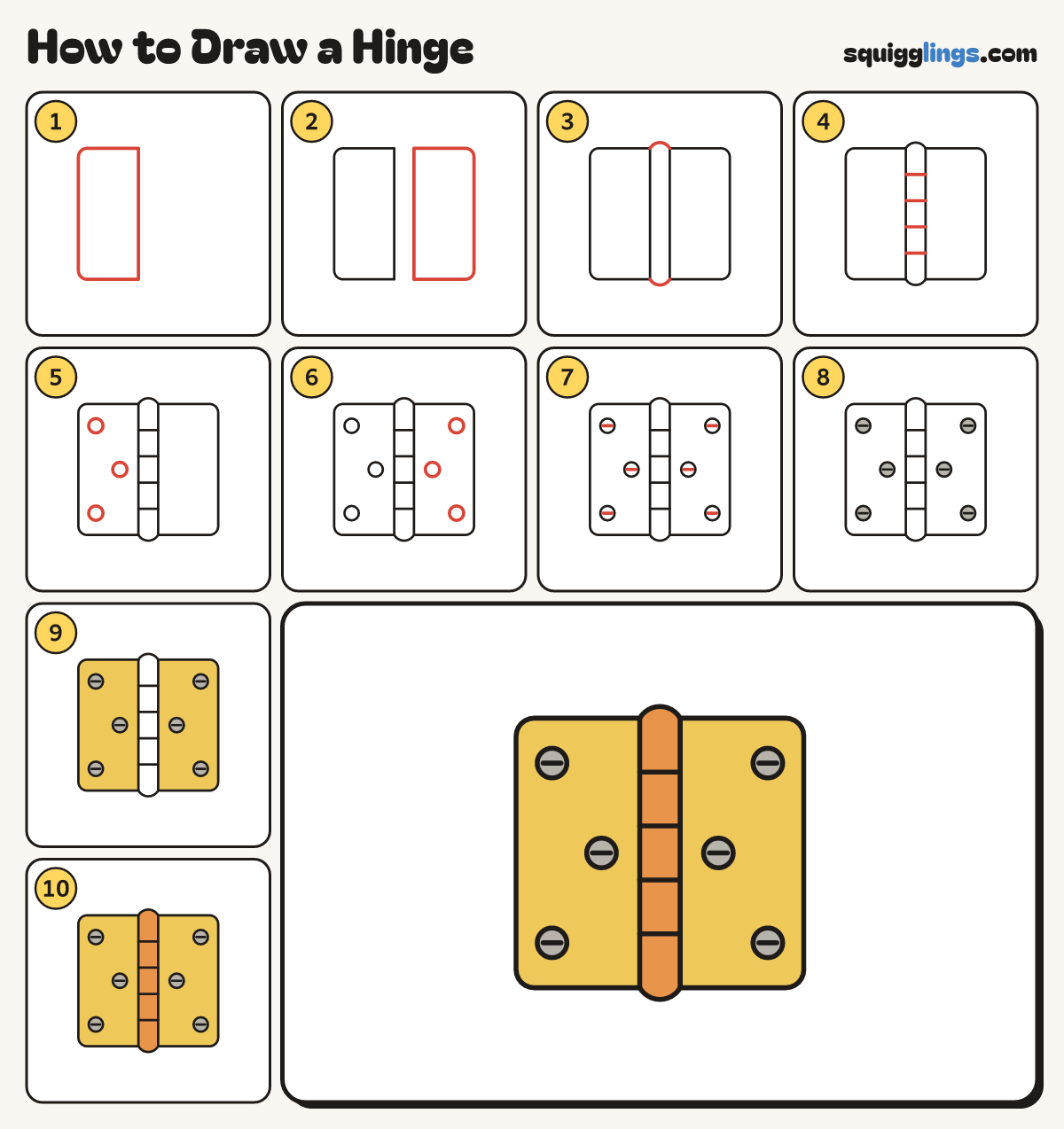 How to Draw a Hinge step by step: all 10 steps in one picture