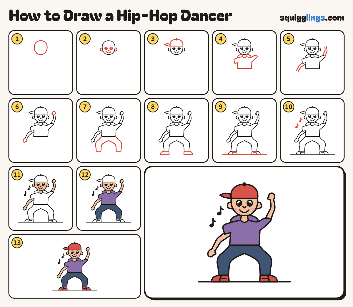 How to Draw a Hip-Hop Dancer step by step: all 13 steps in one picture