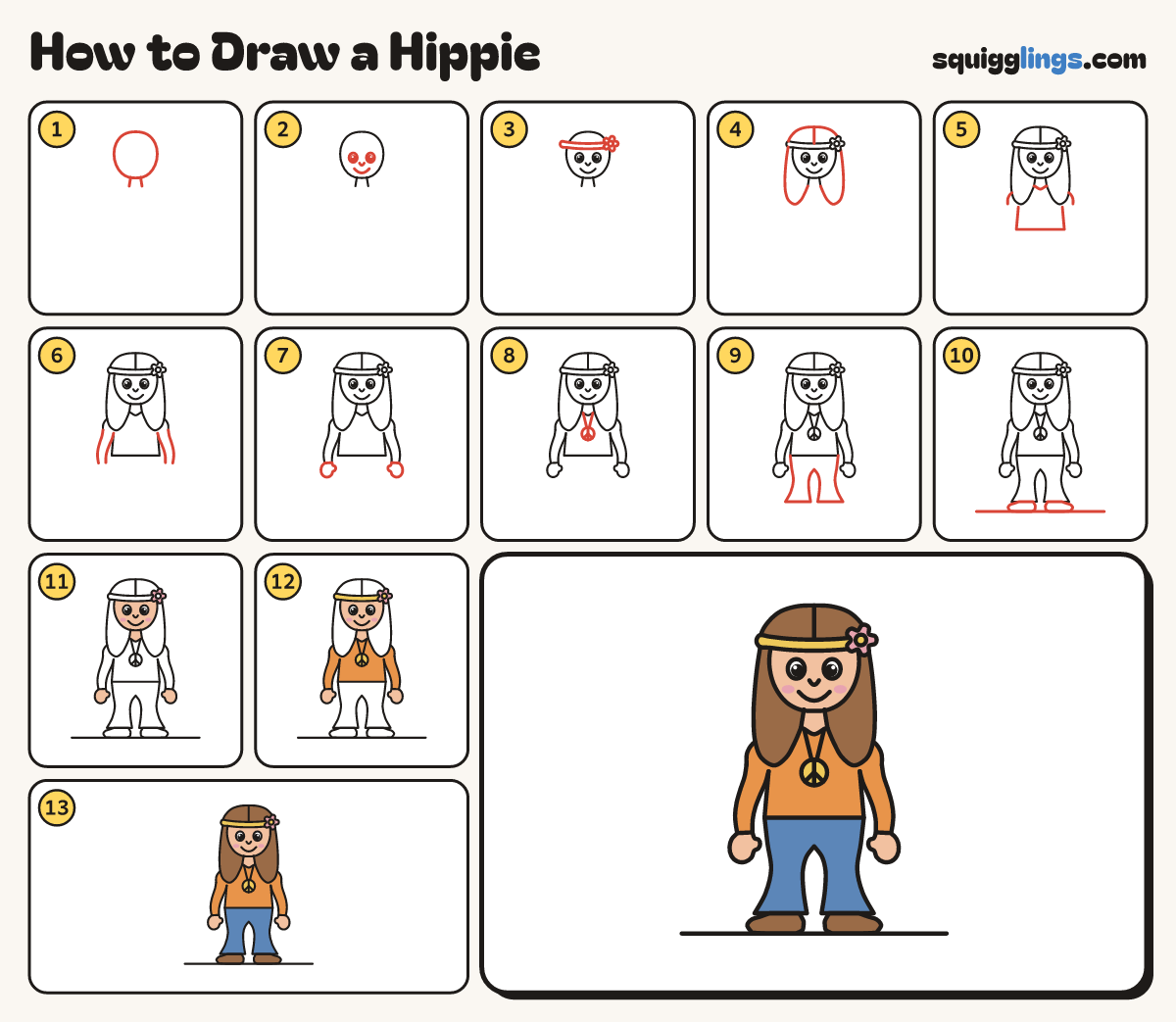 How to Draw a Hippie step by step: all 13 steps in one picture