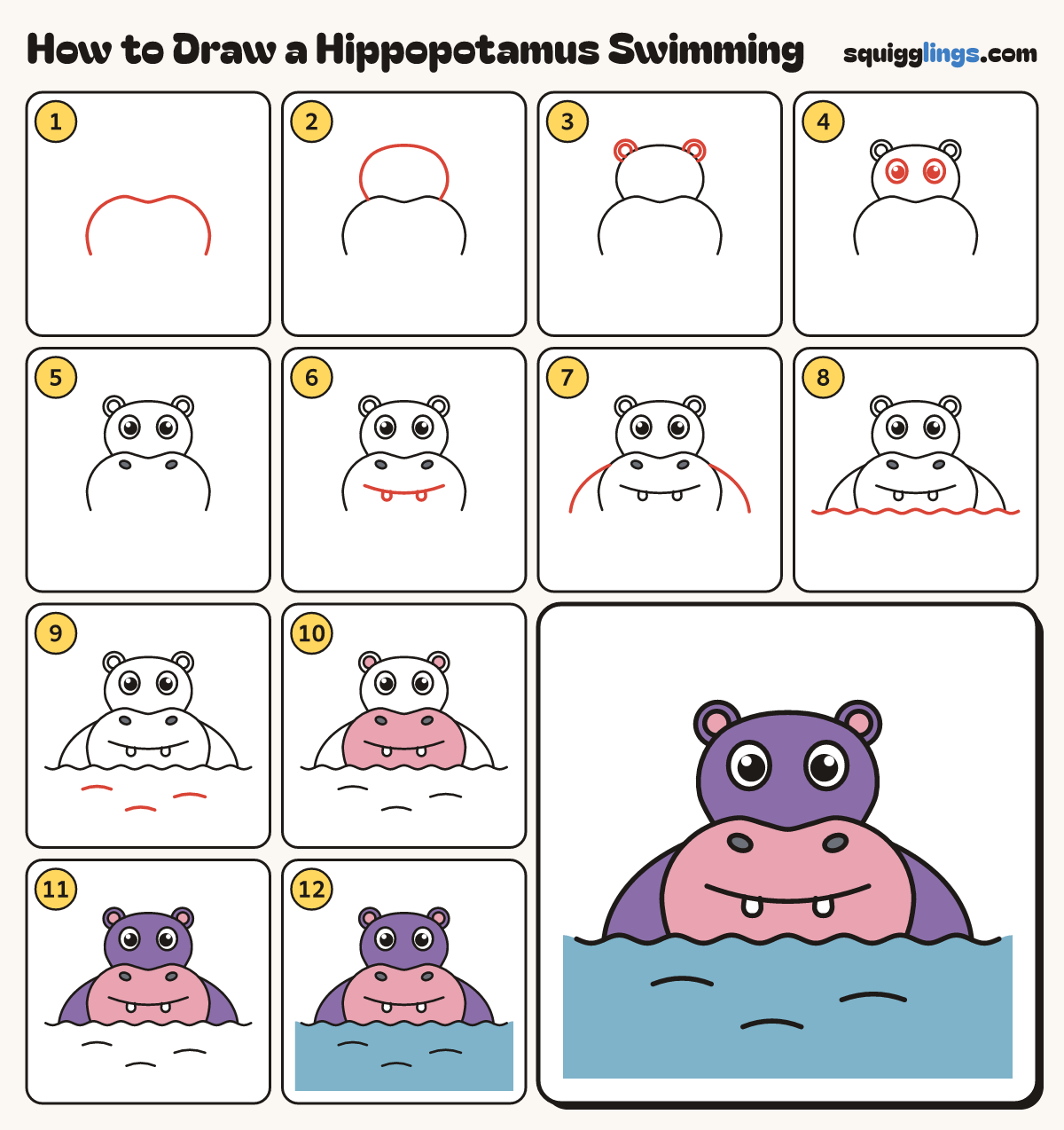 How to Draw a Hippopotamus Swimming step by step: all 12 steps in one picture