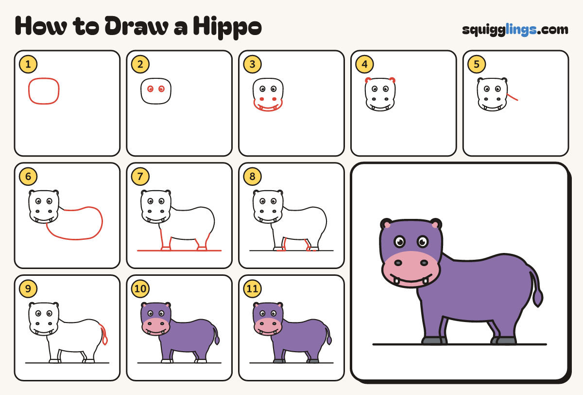 How to Draw a Hippo step by step: all 11 steps in one picture