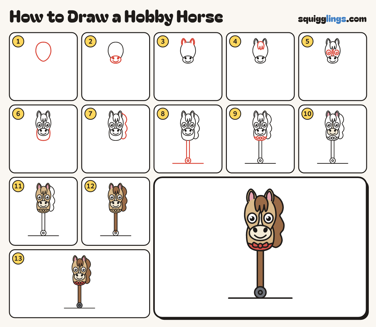How to Draw a Hobby Horse step by step: all 13 steps in one picture