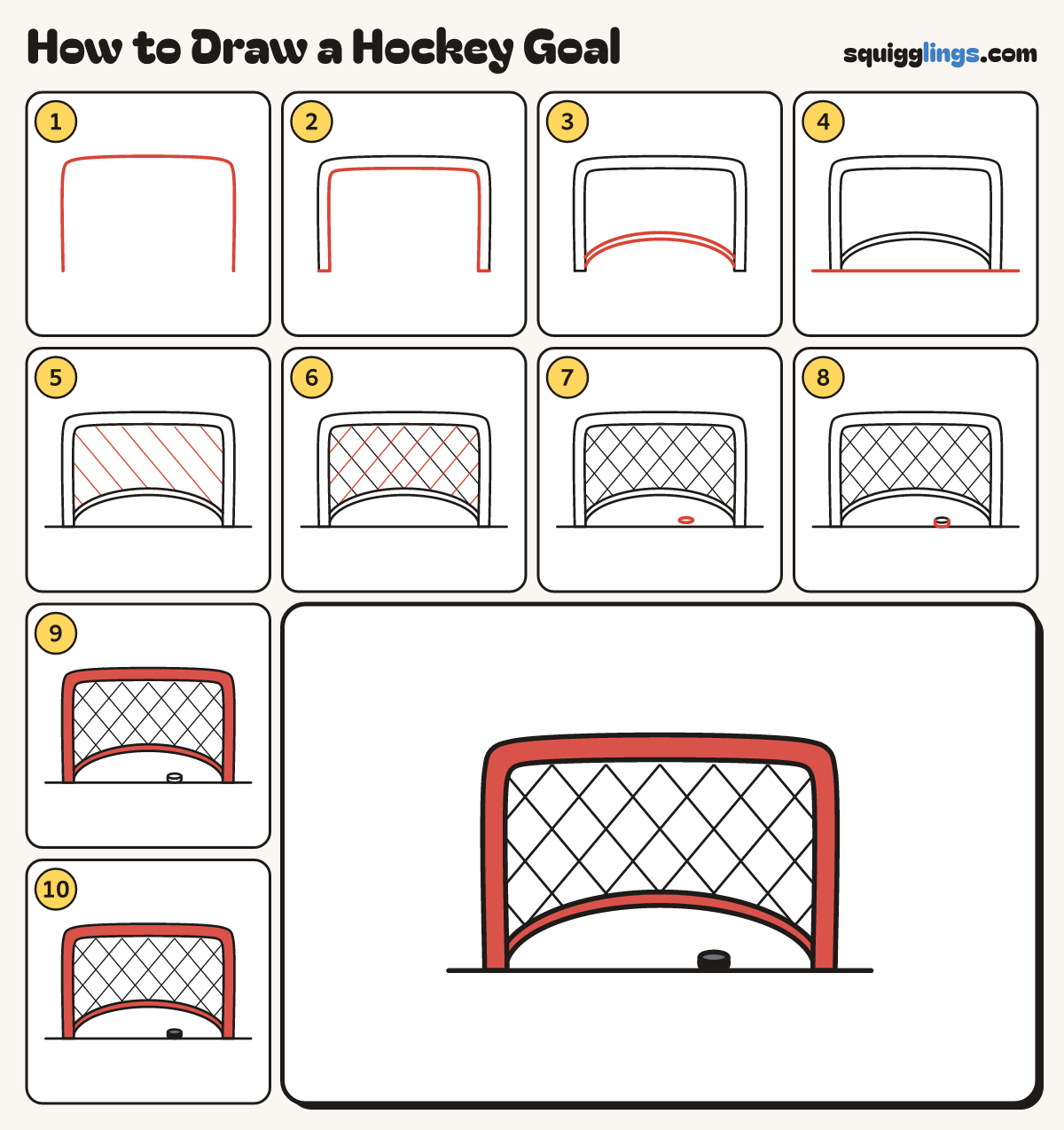 How to Draw a Hockey Goal step by step: all 10 steps in one picture