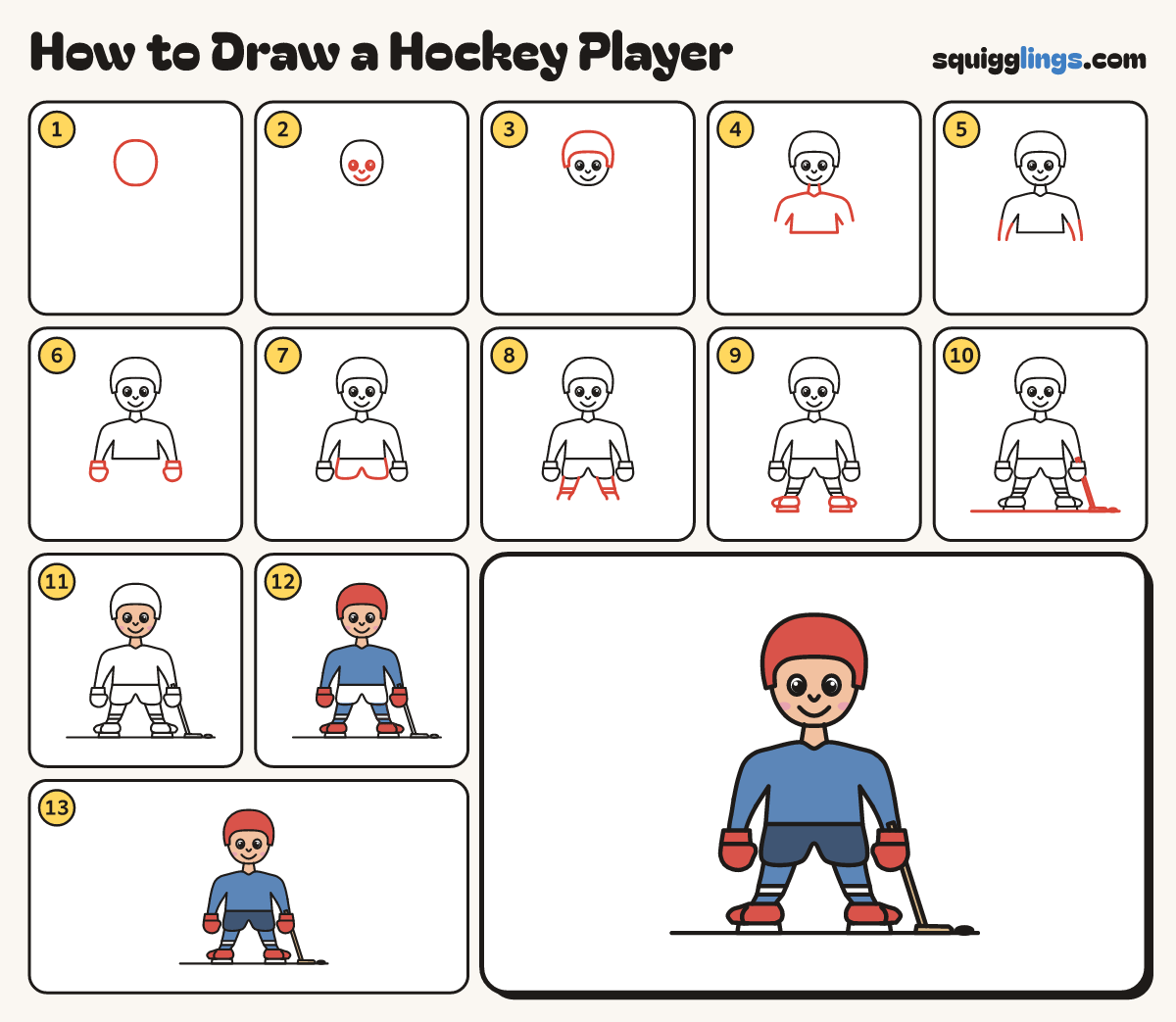 How to Draw a Hockey Player step by step: all 13 steps in one picture