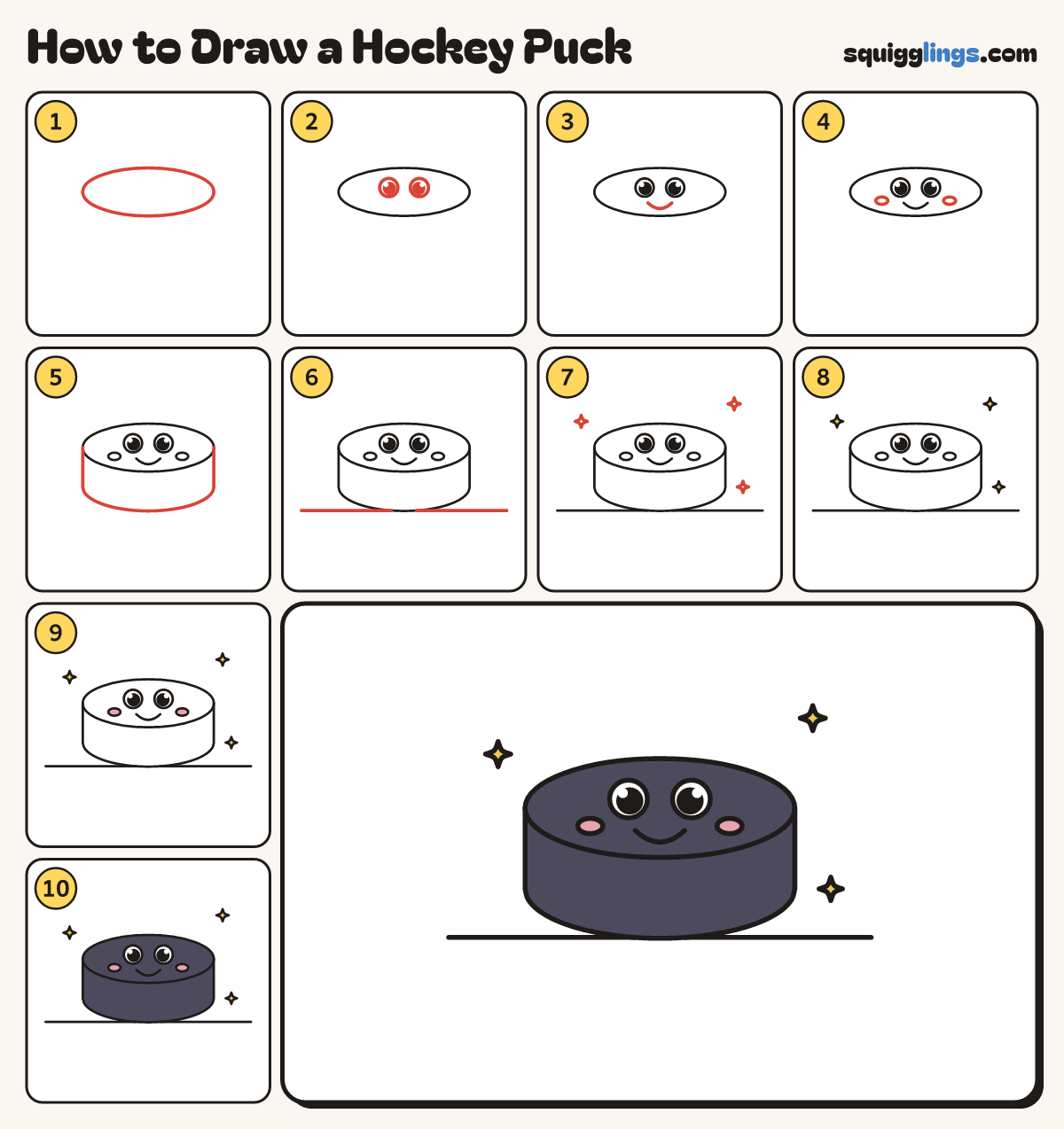 How to Draw a Hockey Puck step by step: all 10 steps in one picture