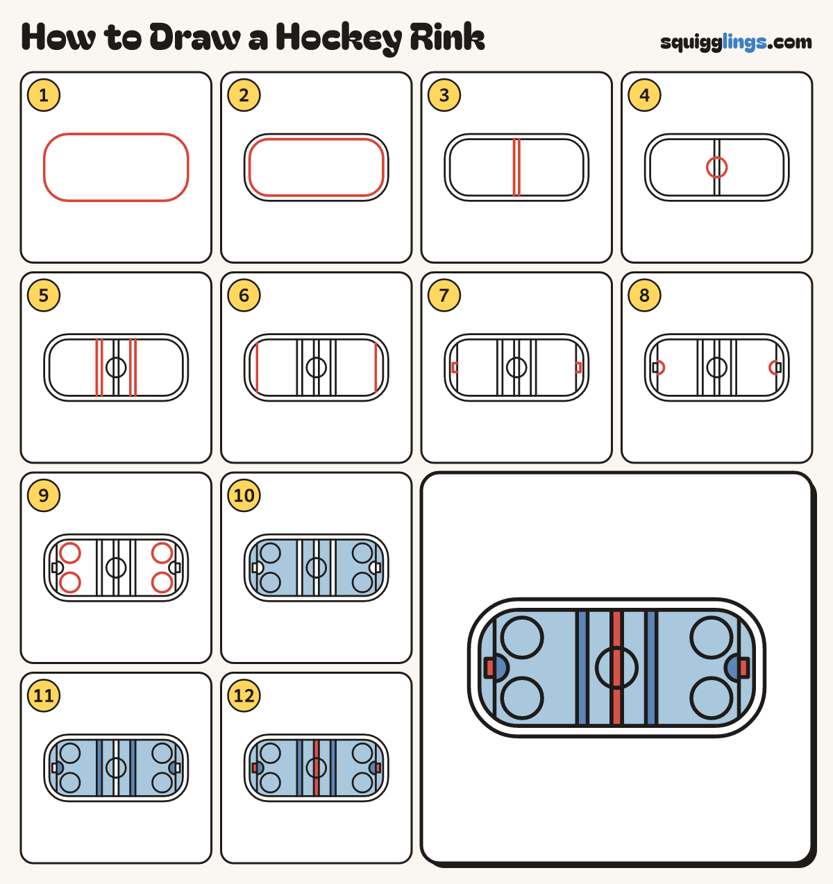 How to Draw a Hockey Rink step by step: all 12 steps in one picture