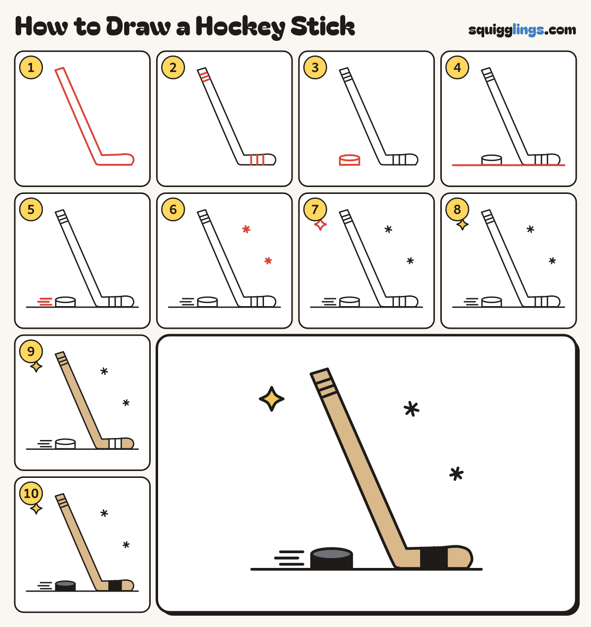 How to Draw a Hockey Stick step by step: all 10 steps in one picture