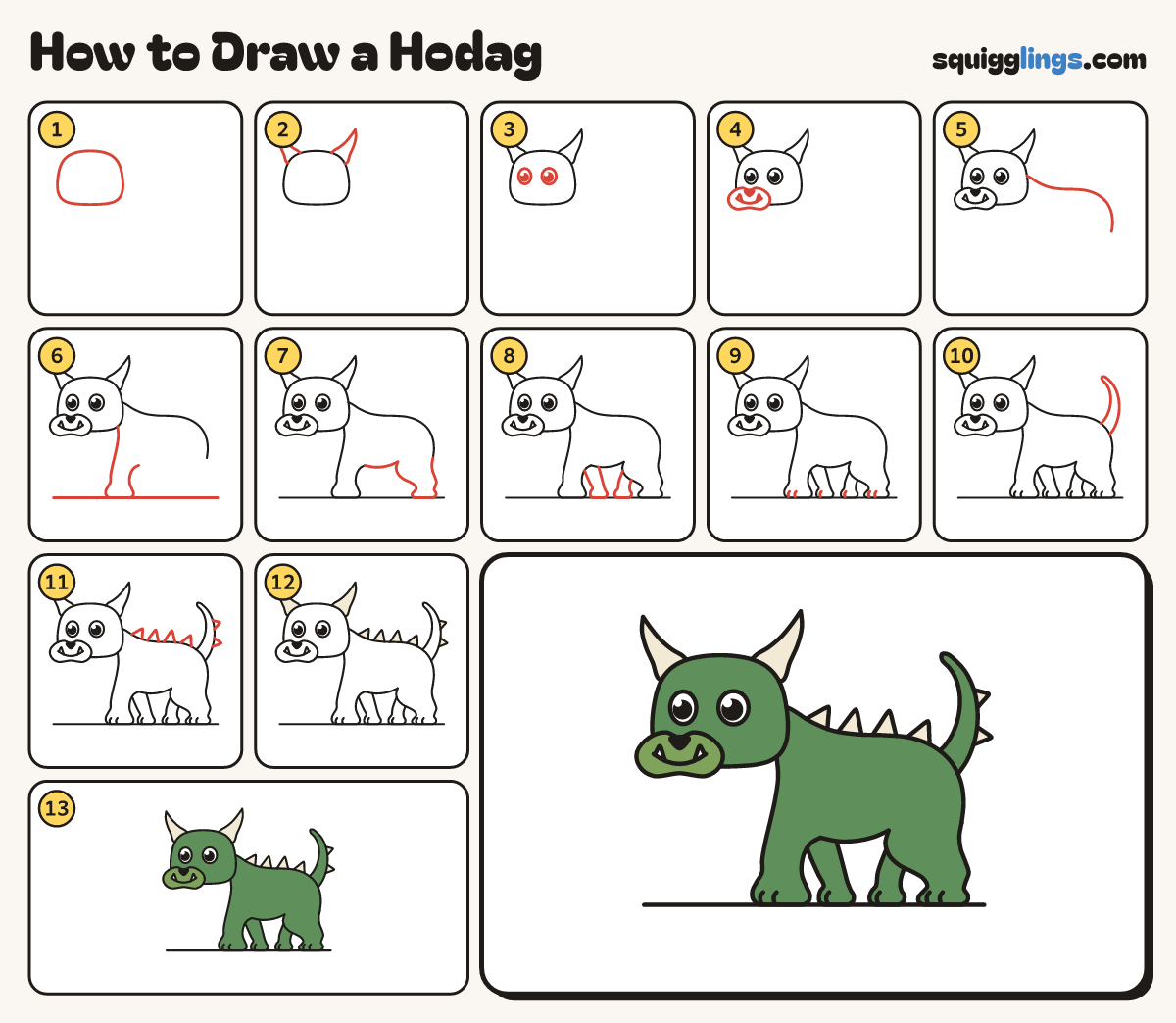 How to Draw a Hodag step by step: all 13 steps in one picture