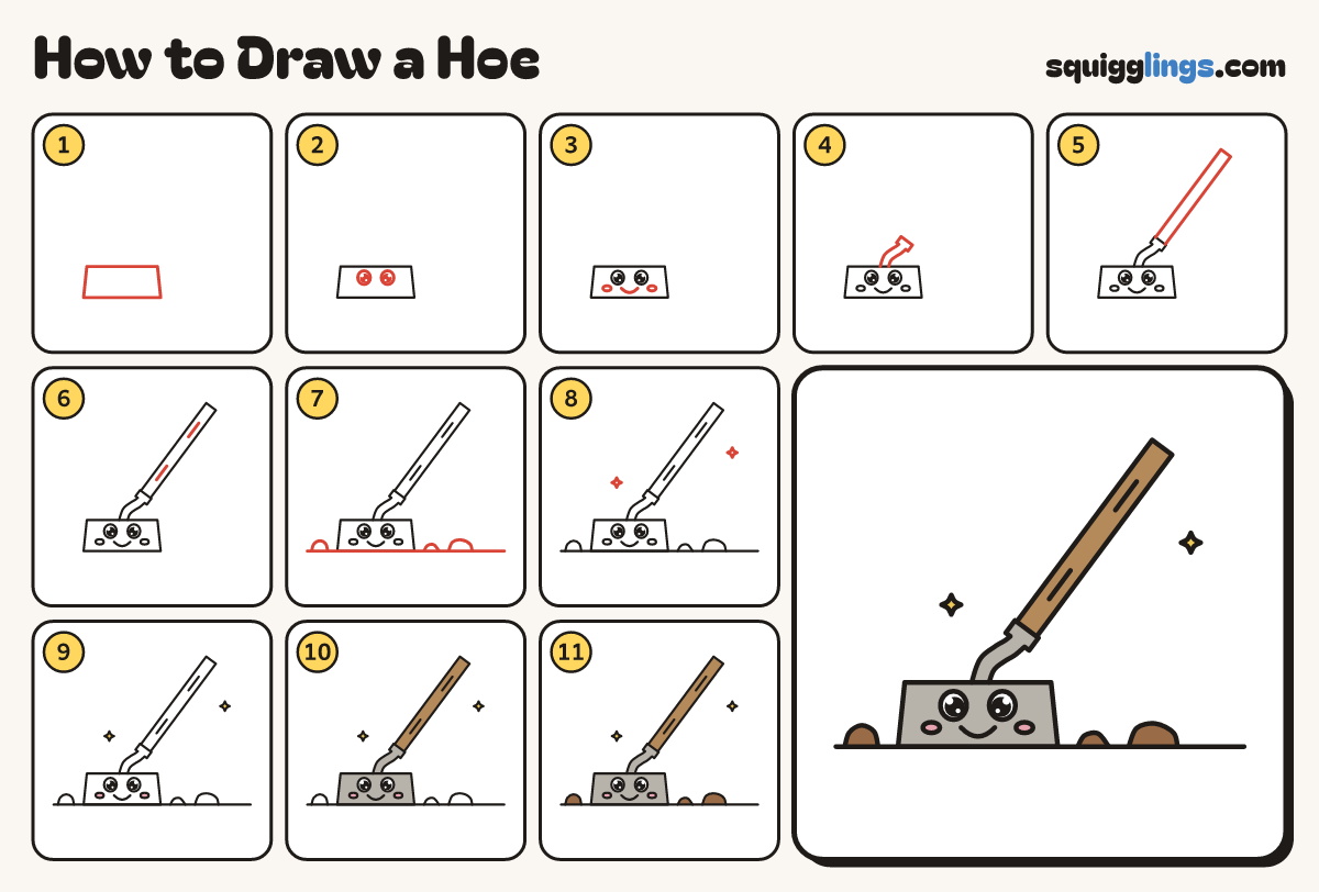 How to Draw a Hoe step by step: all 11 steps in one picture