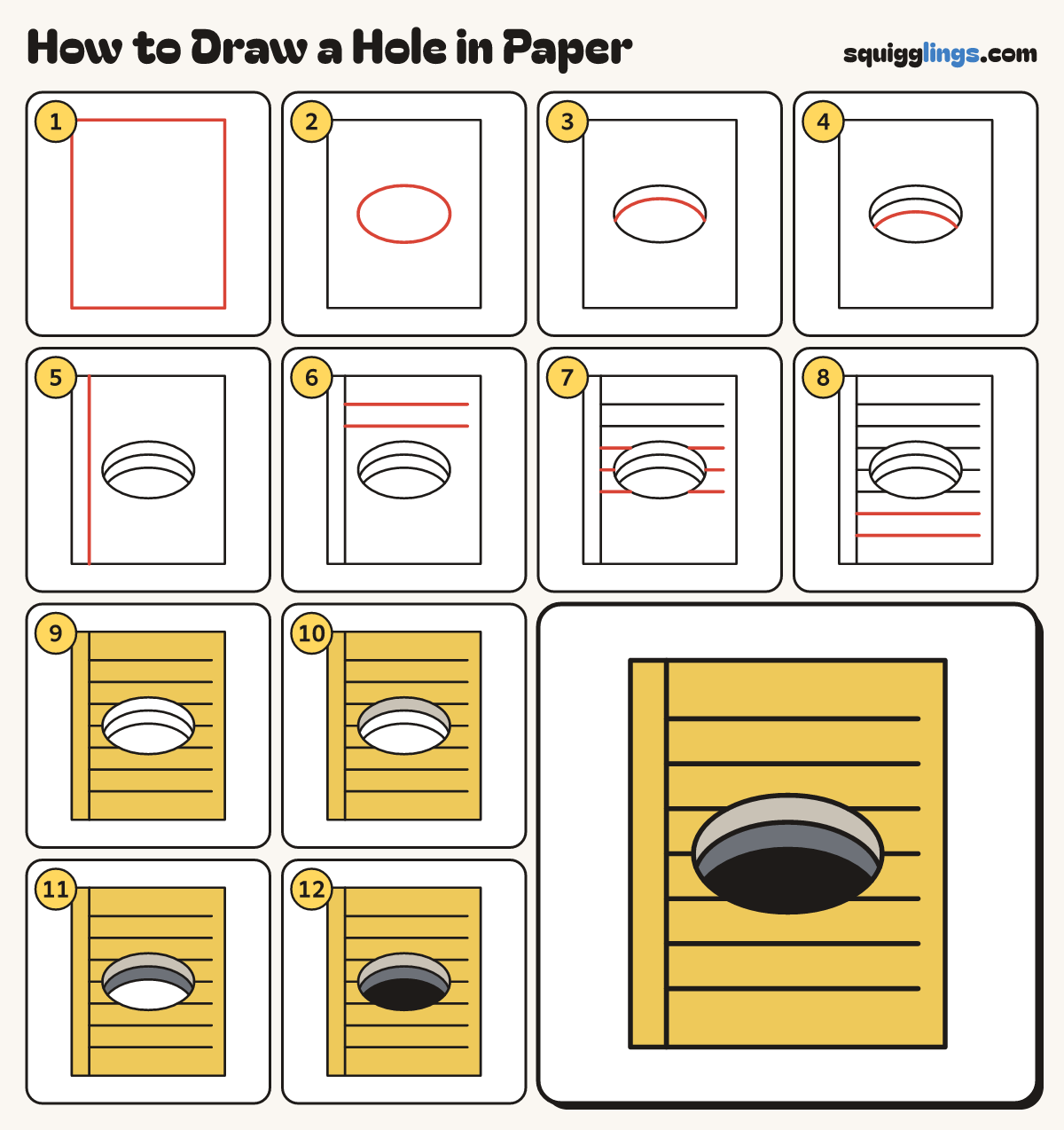 How to Draw a Hole in Paper step by step: all 12 steps in one picture