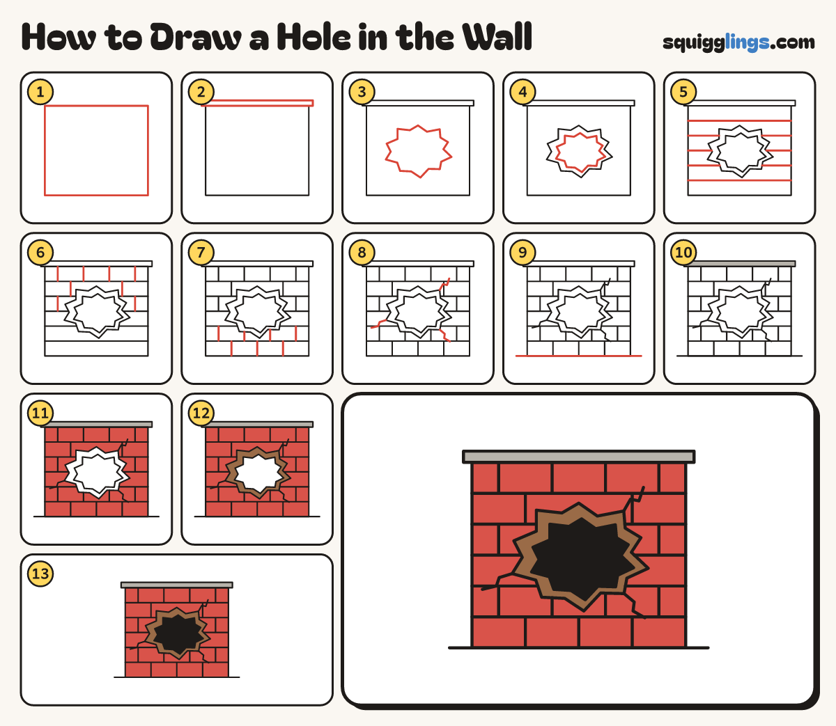 How to Draw a Hole in the Wall step by step: all 13 steps in one picture