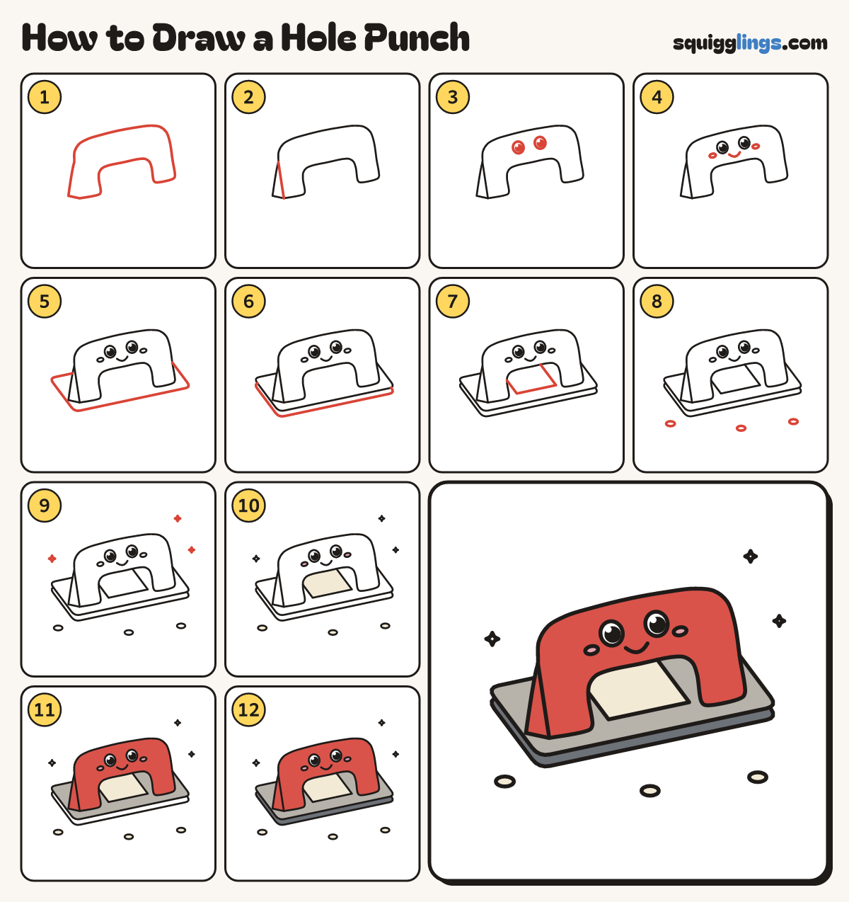 How to Draw a Hole Punch step by step: all 12 steps in one picture
