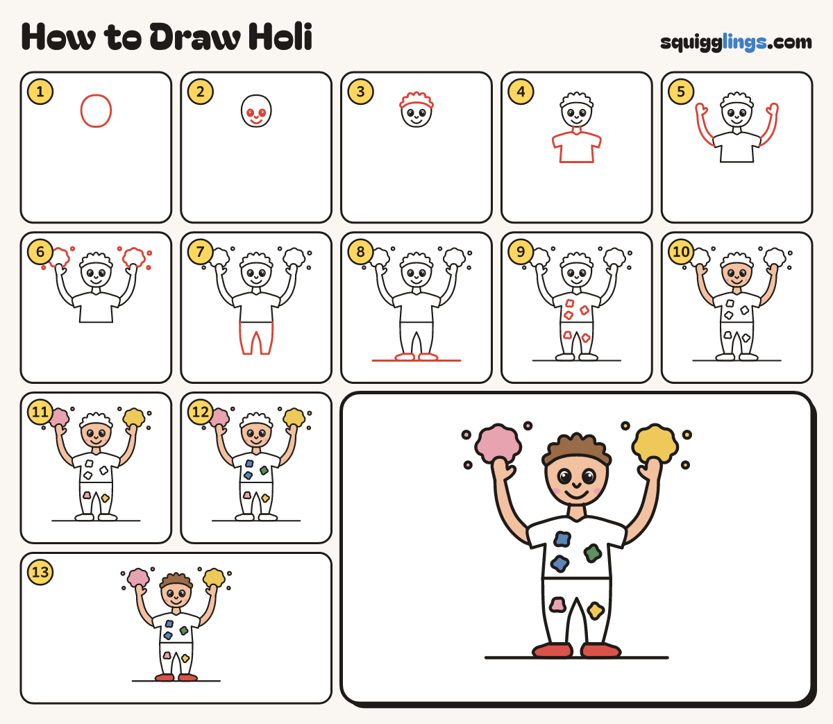 How to Draw Holi step by step: all 13 steps in one picture