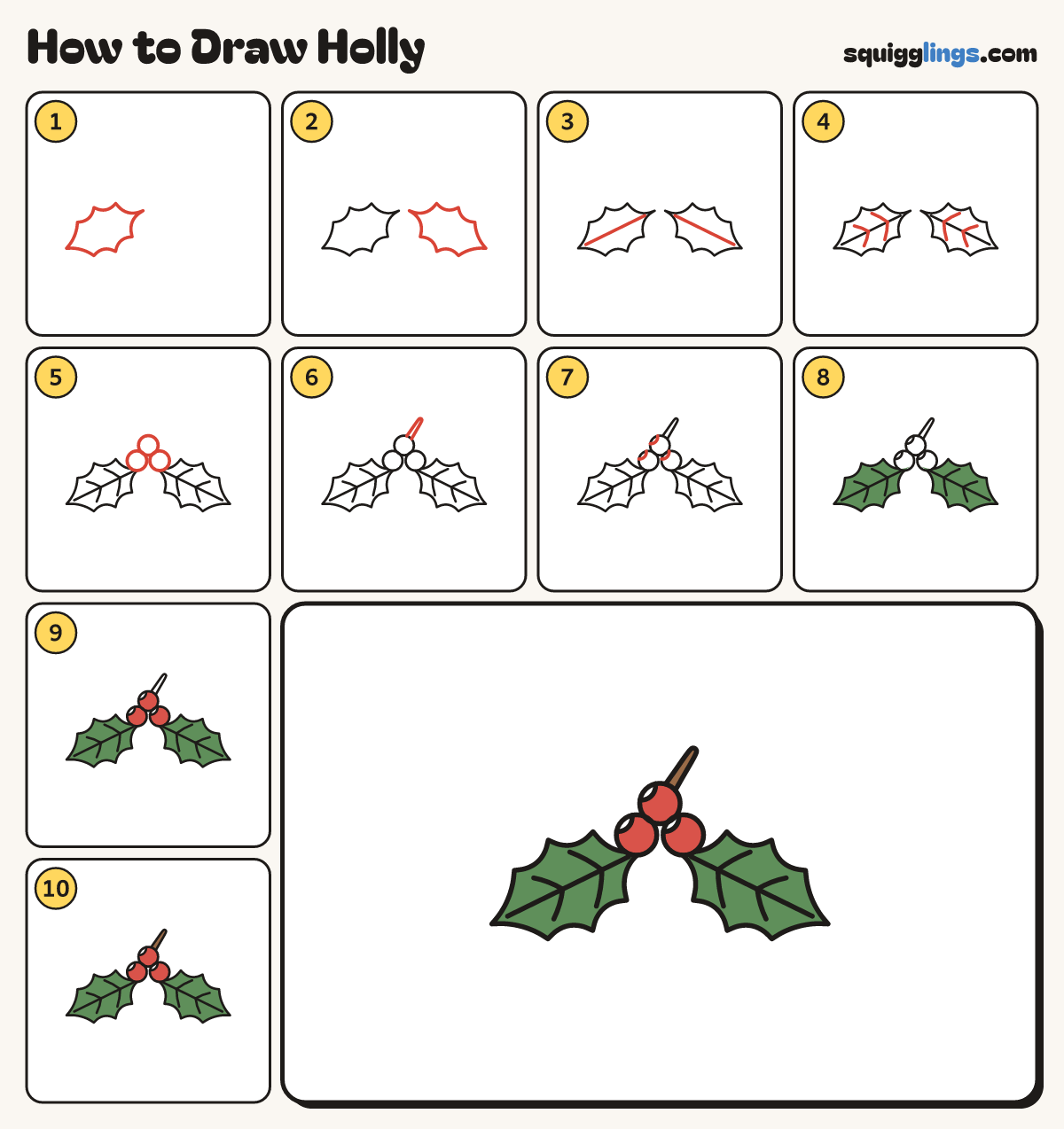 How to Draw Holly step by step: all 10 steps in one picture