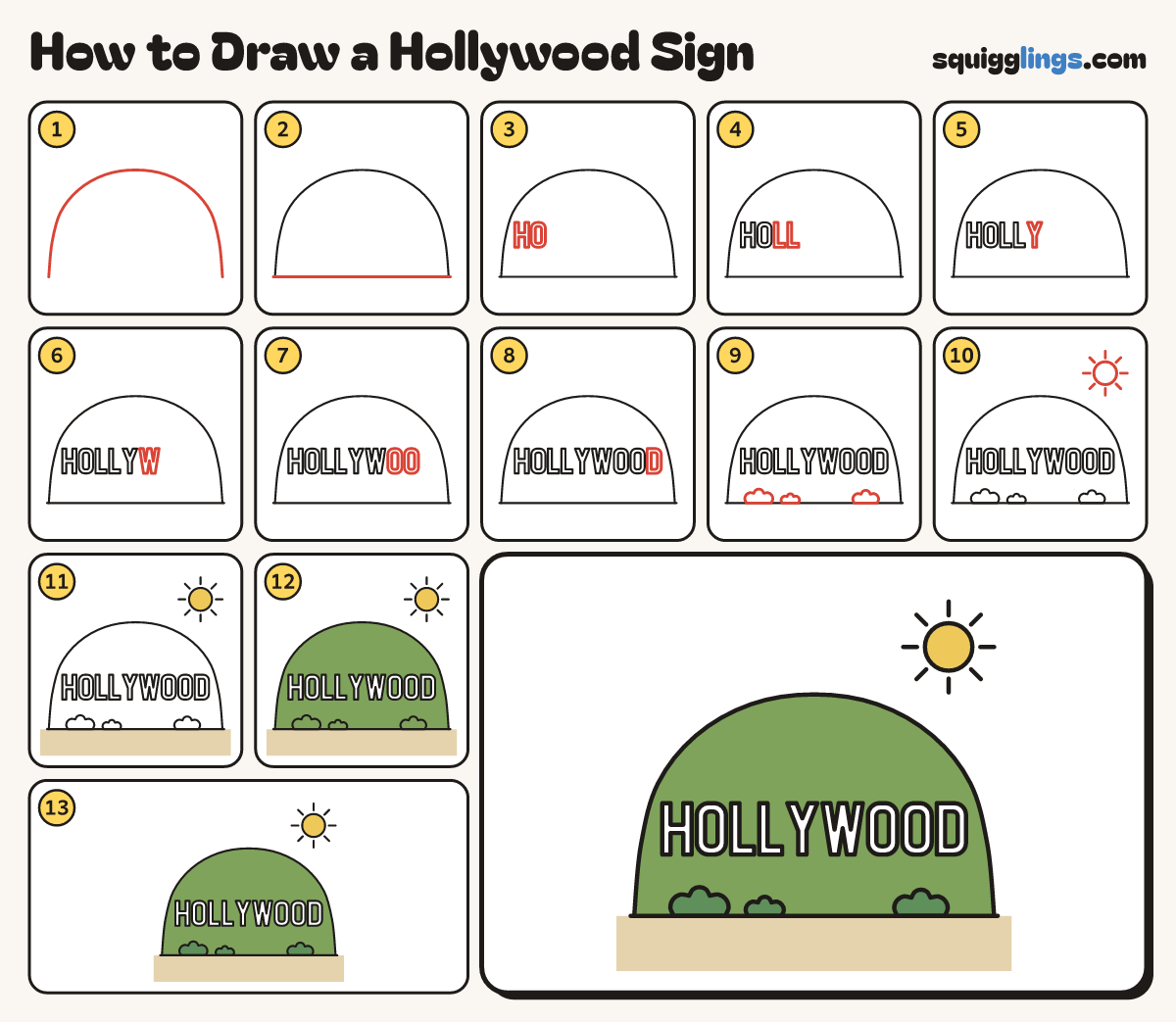 How to Draw a Hollywood Sign step by step: all 13 steps in one picture