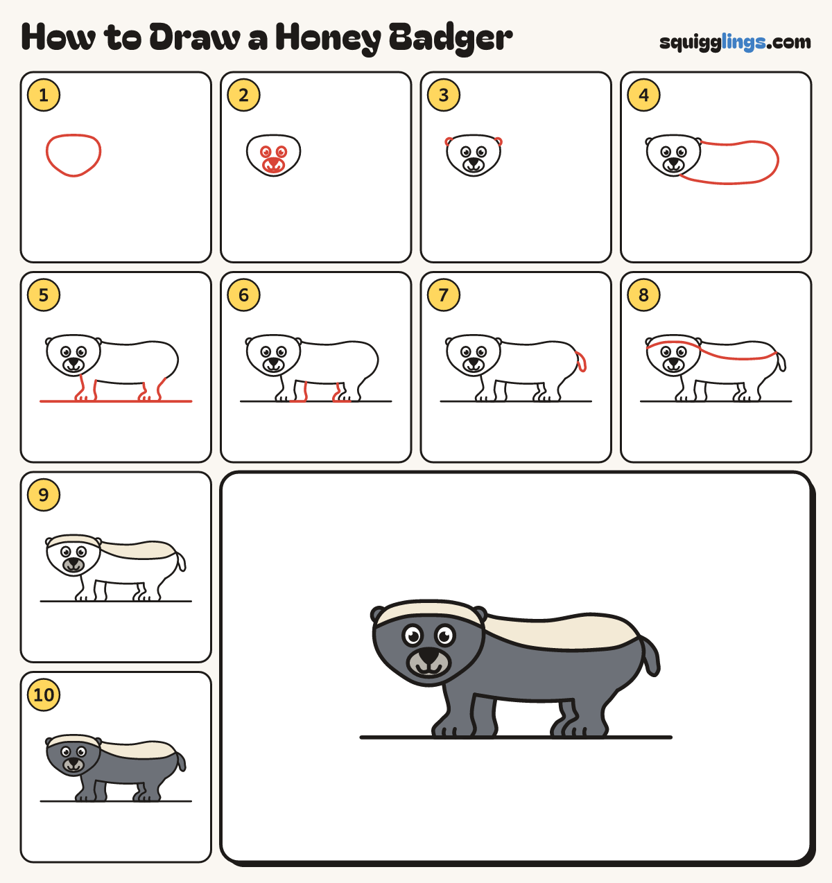 How to Draw a Honey Badger step by step: all 10 steps in one picture