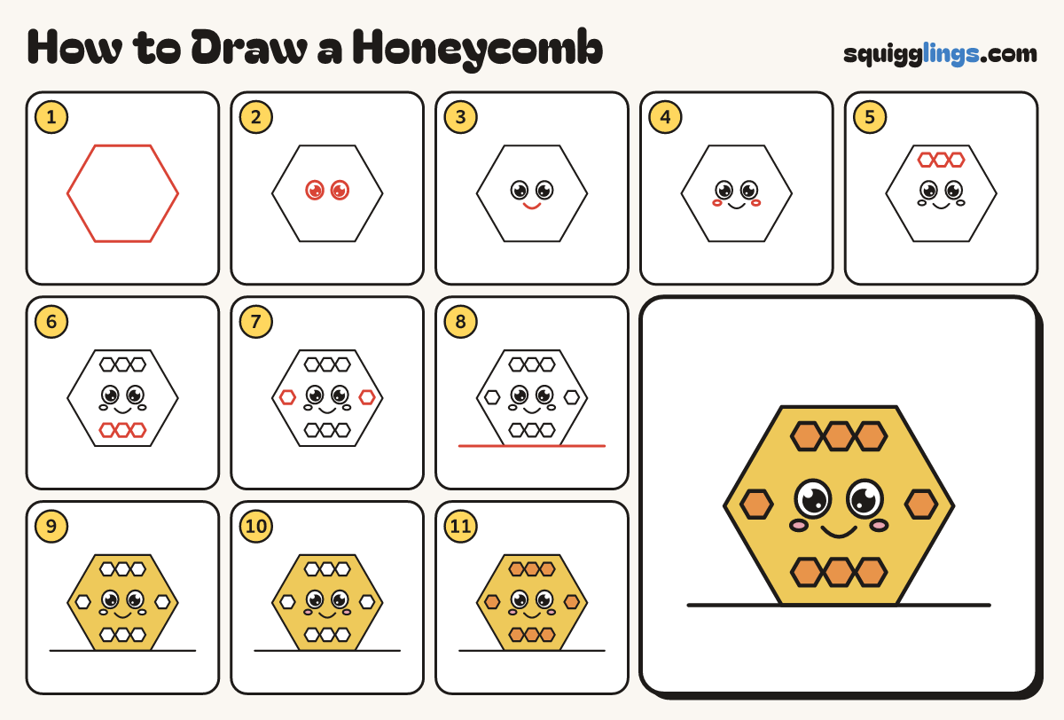 How to Draw a Honeycomb step by step: all 11 steps in one picture