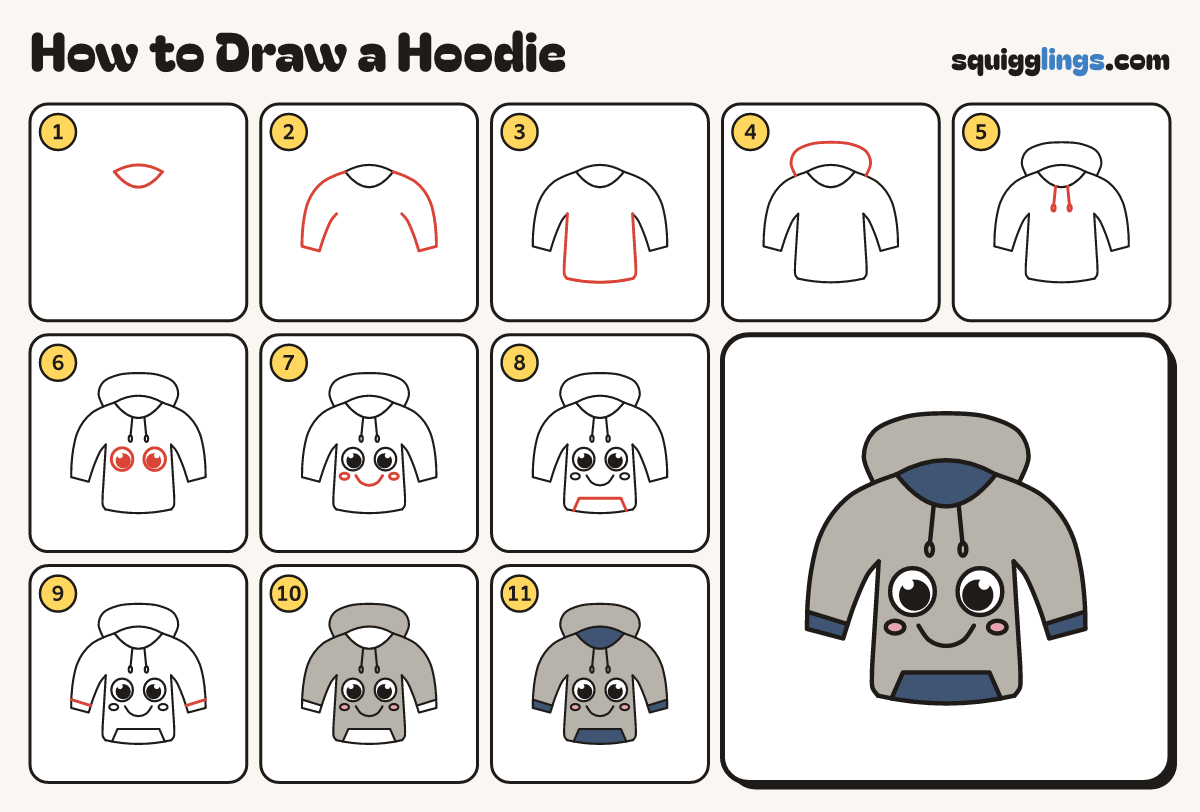 How to Draw a Hoodie step by step: all 11 steps in one picture
