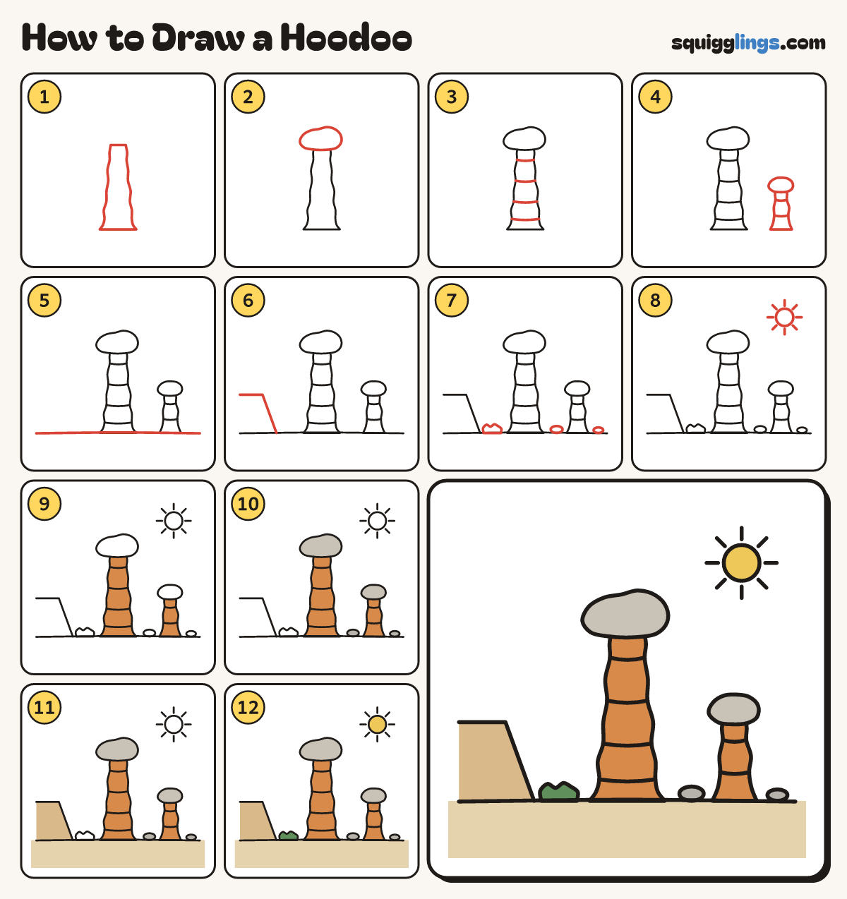 How to Draw a Hoodoo step by step: all 12 steps in one picture