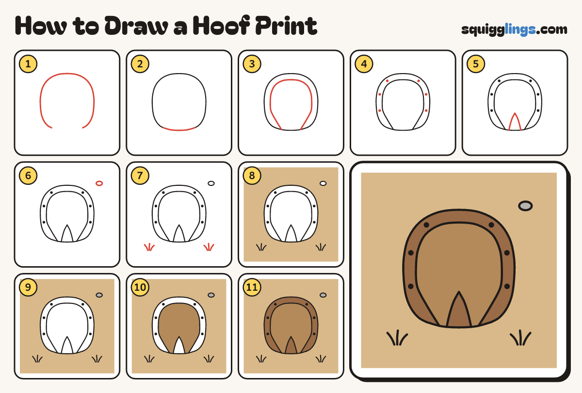 How to Draw a Hoof Print step by step: all 11 steps in one picture