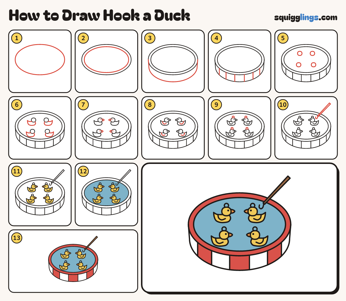 How to Draw Hook a Duck step by step: all 13 steps in one picture