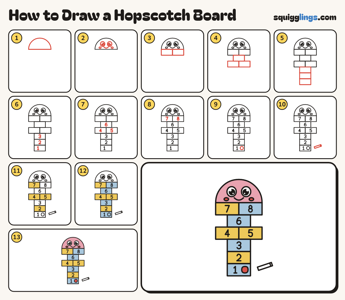 How to Draw a Hopscotch Board step by step: all 13 steps in one picture