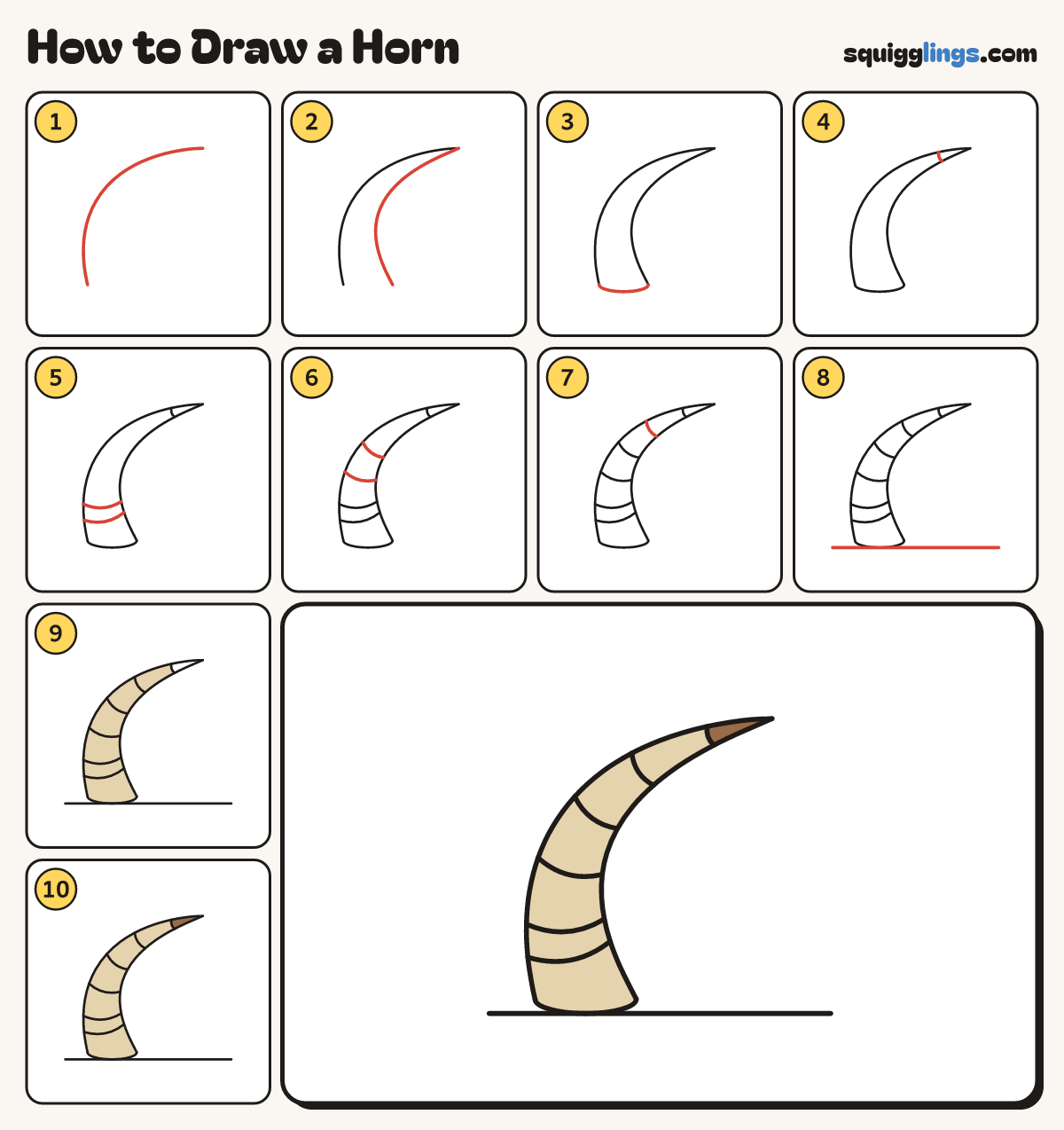 How to Draw a Horn step by step: all 10 steps in one picture