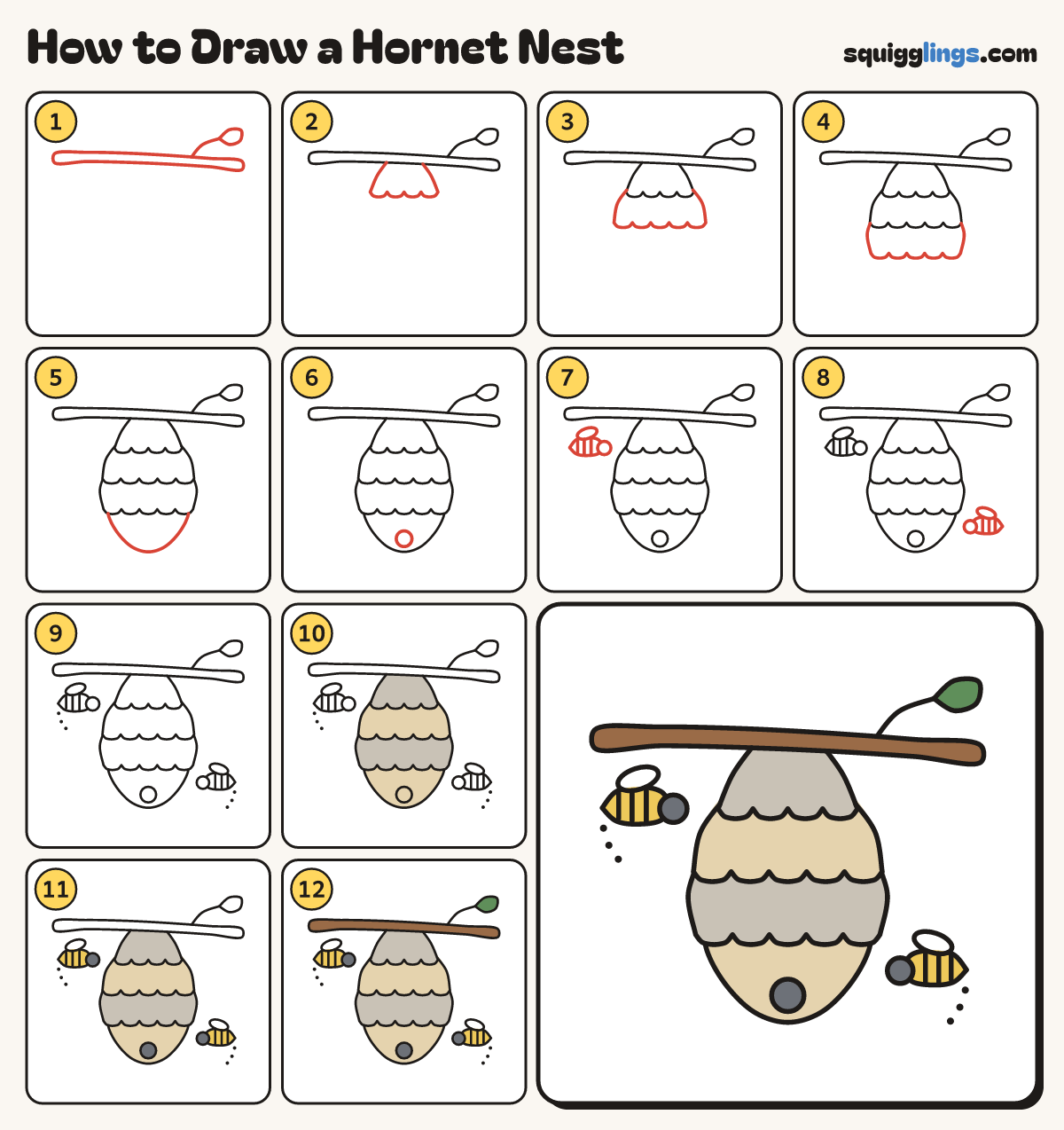 How to Draw a Hornet Nest step by step: all 12 steps in one picture