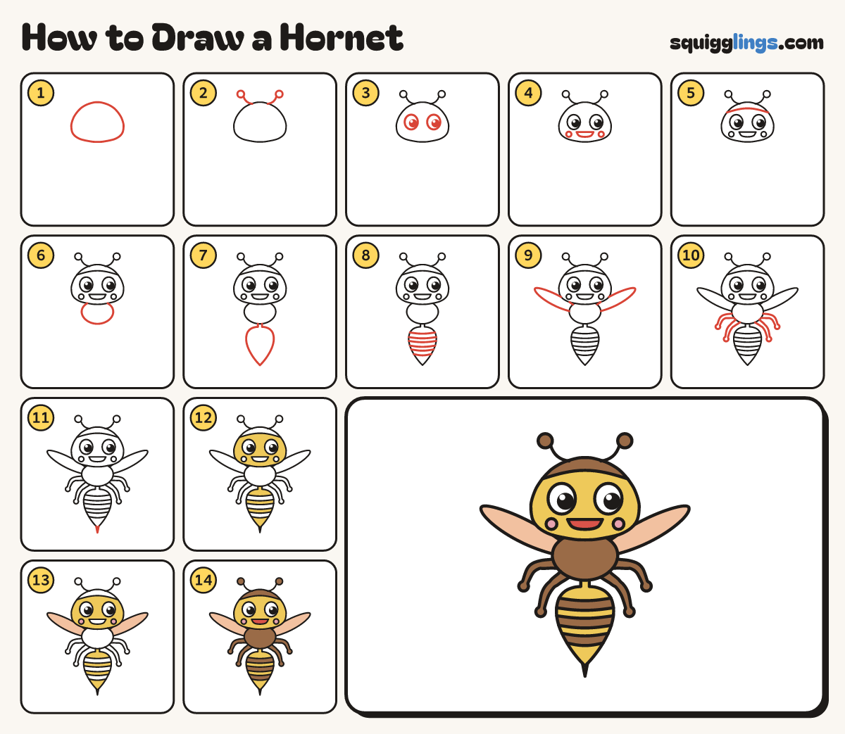 How to Draw a Hornet step by step: all 14 steps in one picture