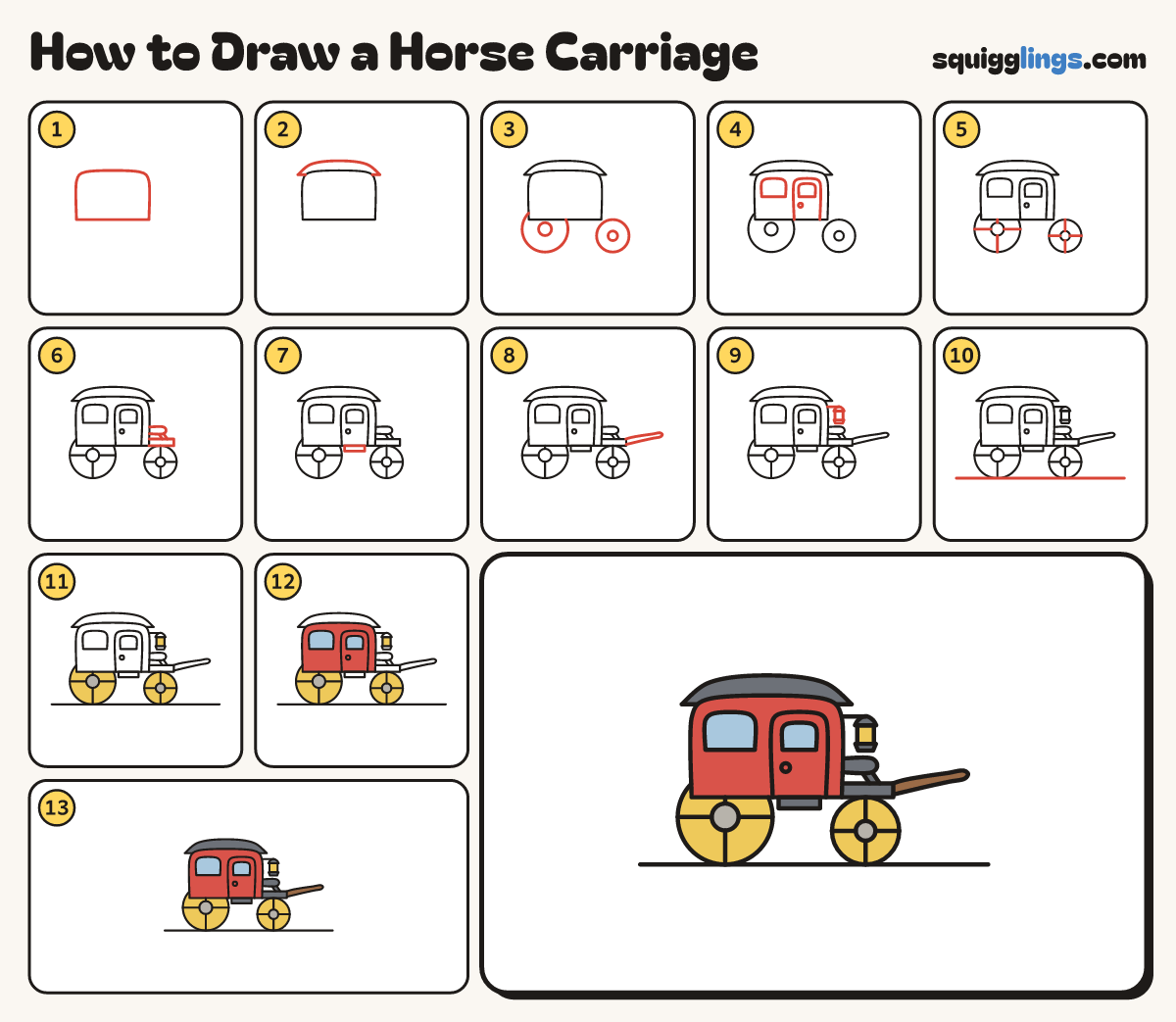 How to Draw a Horse Carriage step by step: all 13 steps in one picture