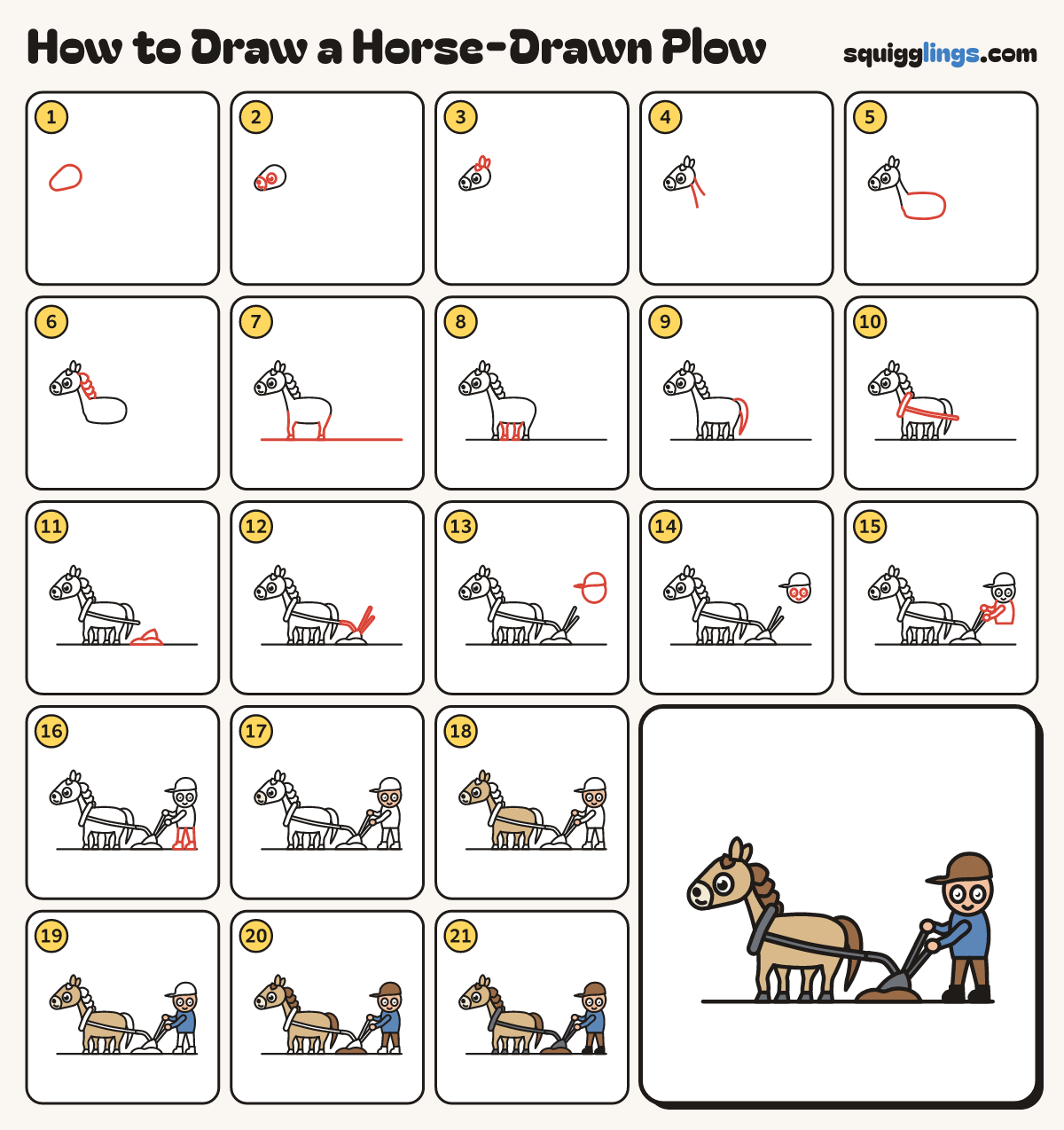 How to Draw a Horse-Drawn Plow step by step: all 21 steps in one picture