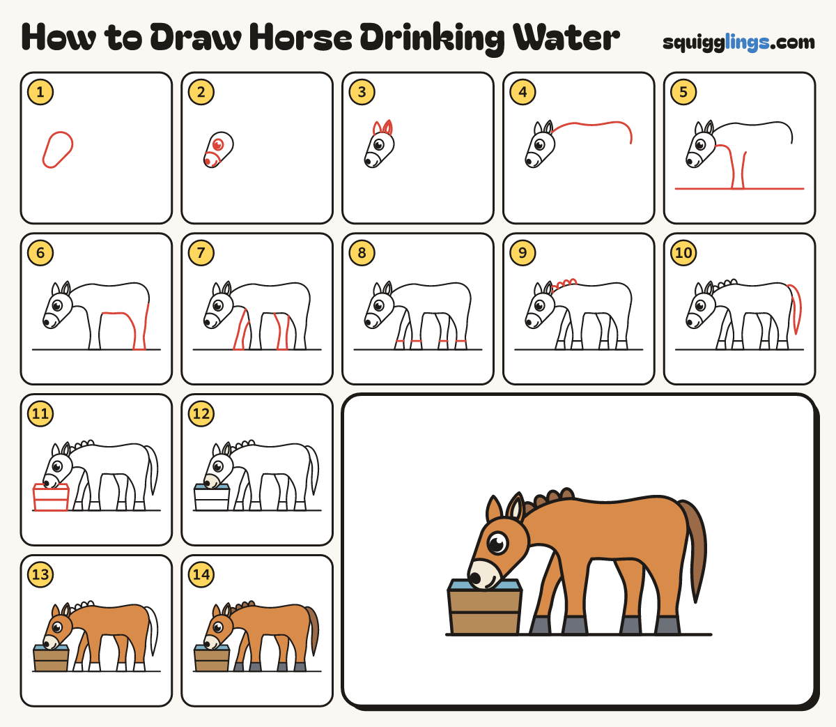 How to Draw Horse Drinking Water step by step: all 14 steps in one picture
